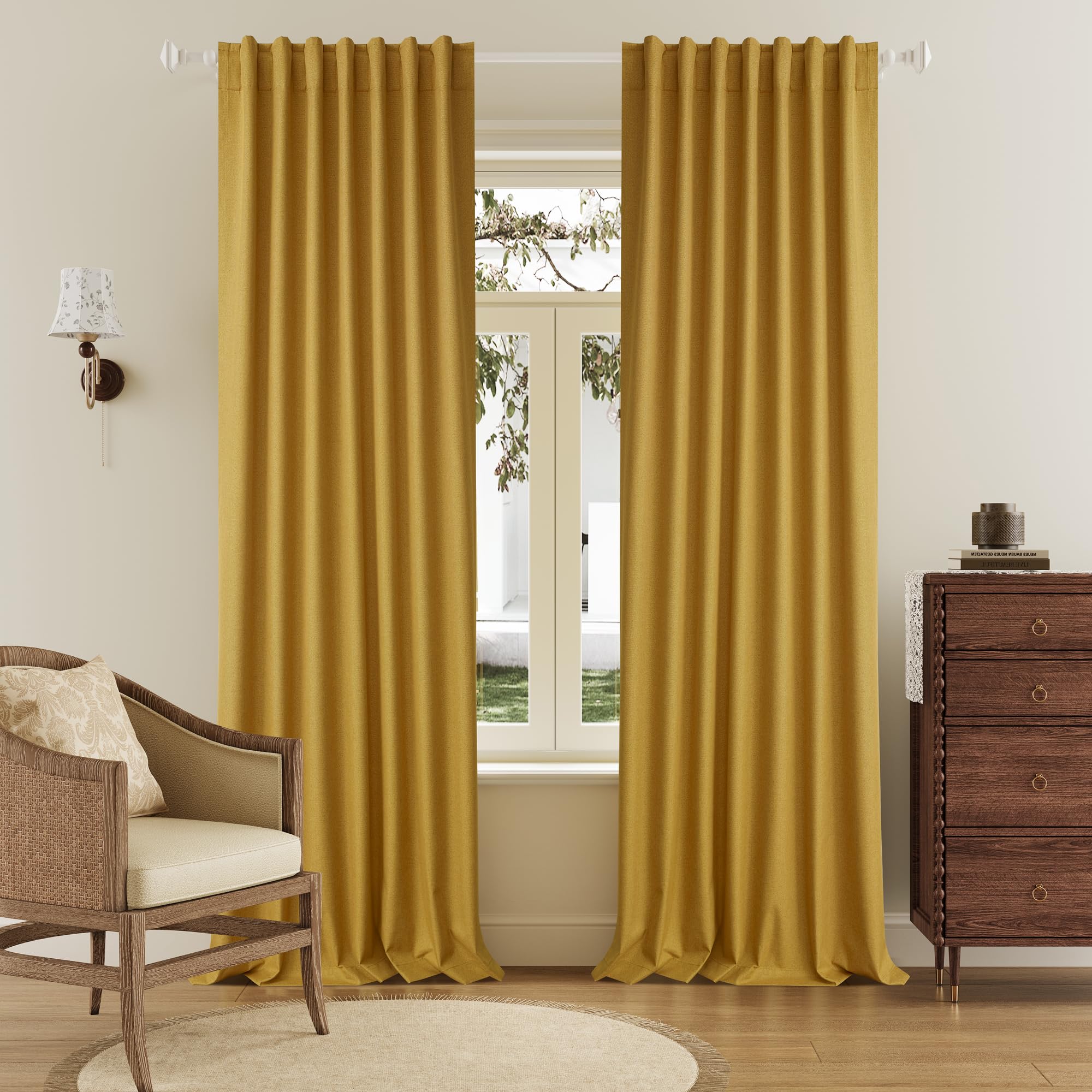 DUALIFE Yellow Blackout Curtains 102 Inch Length 2 Panels Set for Living Room Bedroom Rod&Back Tab Thermal Insulated 100% Black Out Linen Drapes Room