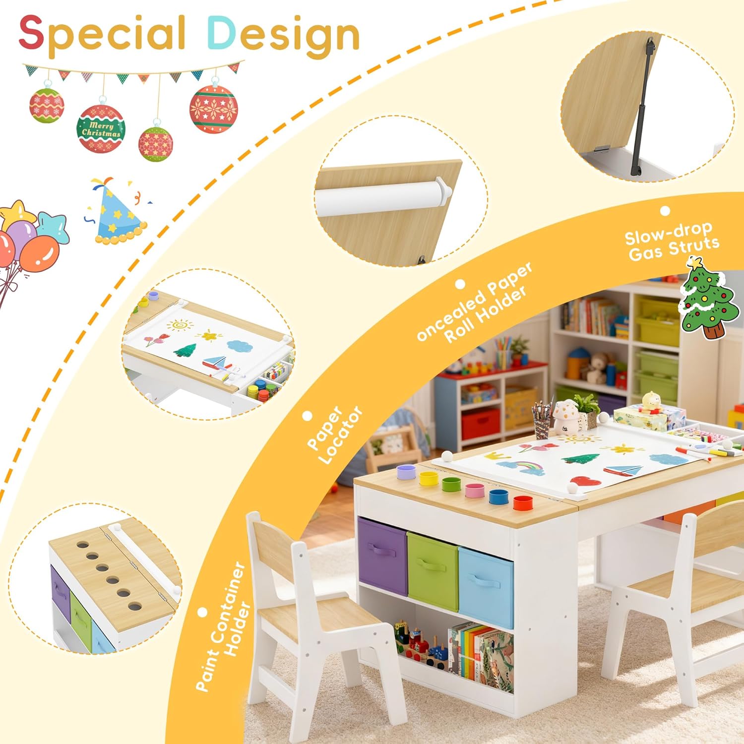 Kids Art Table and 2 Chairs Set, Wooden Craft Desk with 2 Storage Shelves, 6 Storage Bins & Paper Roll for Drawing, Learning and Reading, Toddler Activity Play Desk for Home, 47 L x23 W