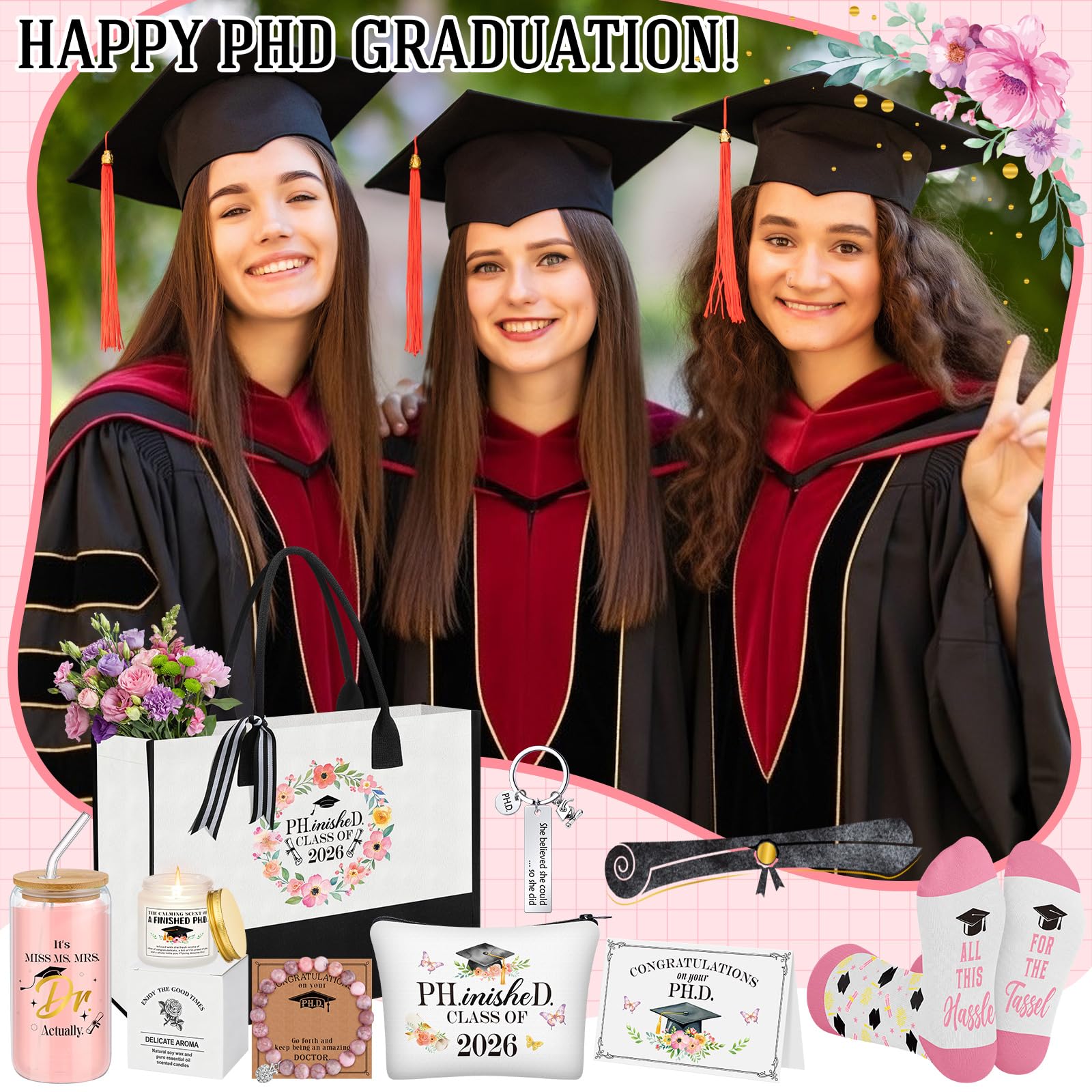 Aliceset 8 Pcs Phd Graduation Gifts for Women It's Dr Actually Gifts for Phd Doctorate Degree Class of 2026 Canvas Tote Bag Tumbler Keychain Makeup Bag Bracelet Greeting Card Scented Candle Socks