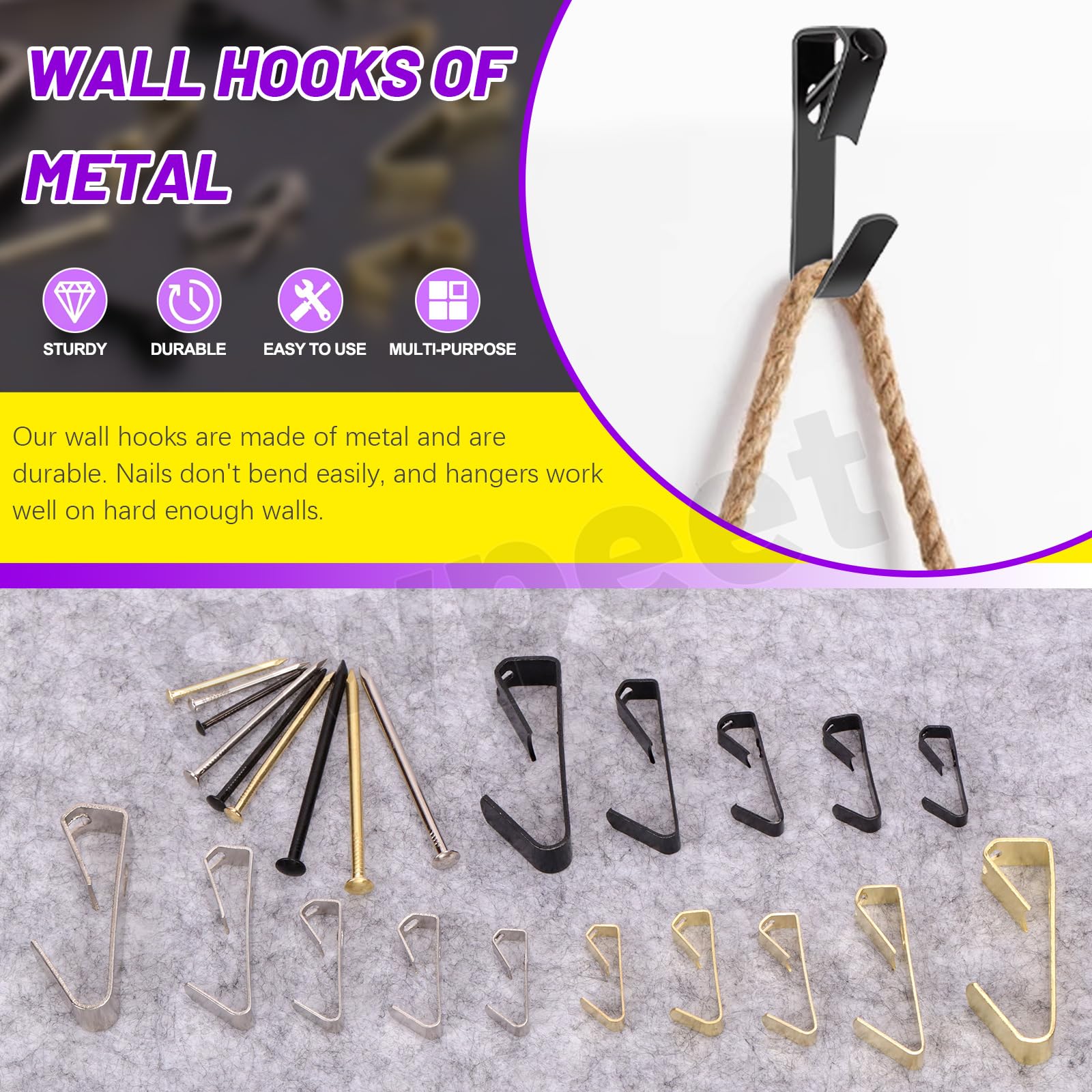 Swpeet 120Pcs 5 Sizes 10lb/20lb/30lb/50lb/100lb Picture Hangers with Nails Assortment Kit, Metal Picture Hanging Hooks - Image 3