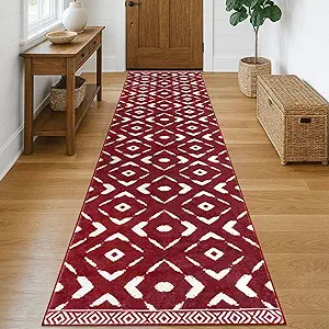 KILOCOCO Hallway Runner Rug 2.6'x10' Christmas Runners for Hallways Red Washable Runner Printed Soft Non Slip Laundry Room Rugs Low-Pile Runners for Bedroom Kitchen Living Room Boho Rug