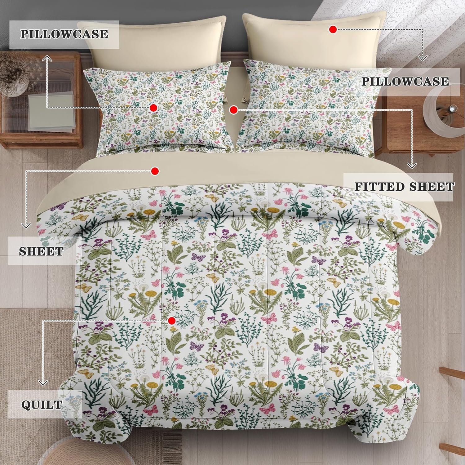 7Pcs Queen Size Comforter Set, Purple Blue Boho Floral Herbs Flowers Wildflowers, Bedding Decor Garden Green Botanical Dandelion Butterflies Bedroom Bed Set Fitted Flat Sheet Kids Adults