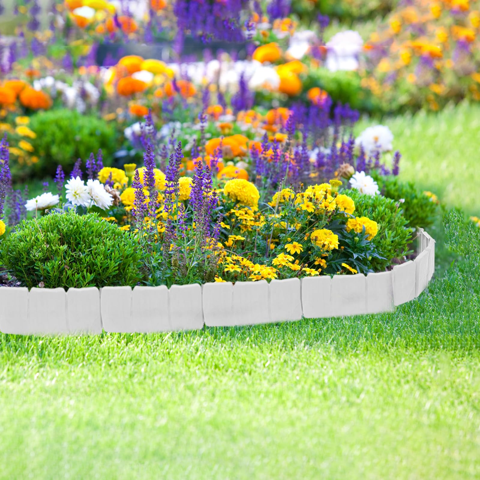 Rasenkante Kunstoff, 15m Flexibler Steinoptik Beeteinfassung, 60 Stücke PP Beetumrandungen Mähkante, Rasenkanten Steinoptik Palisade für Blumen Gartenzaun Decorativ, L 25 x H 23 cm - Weiß