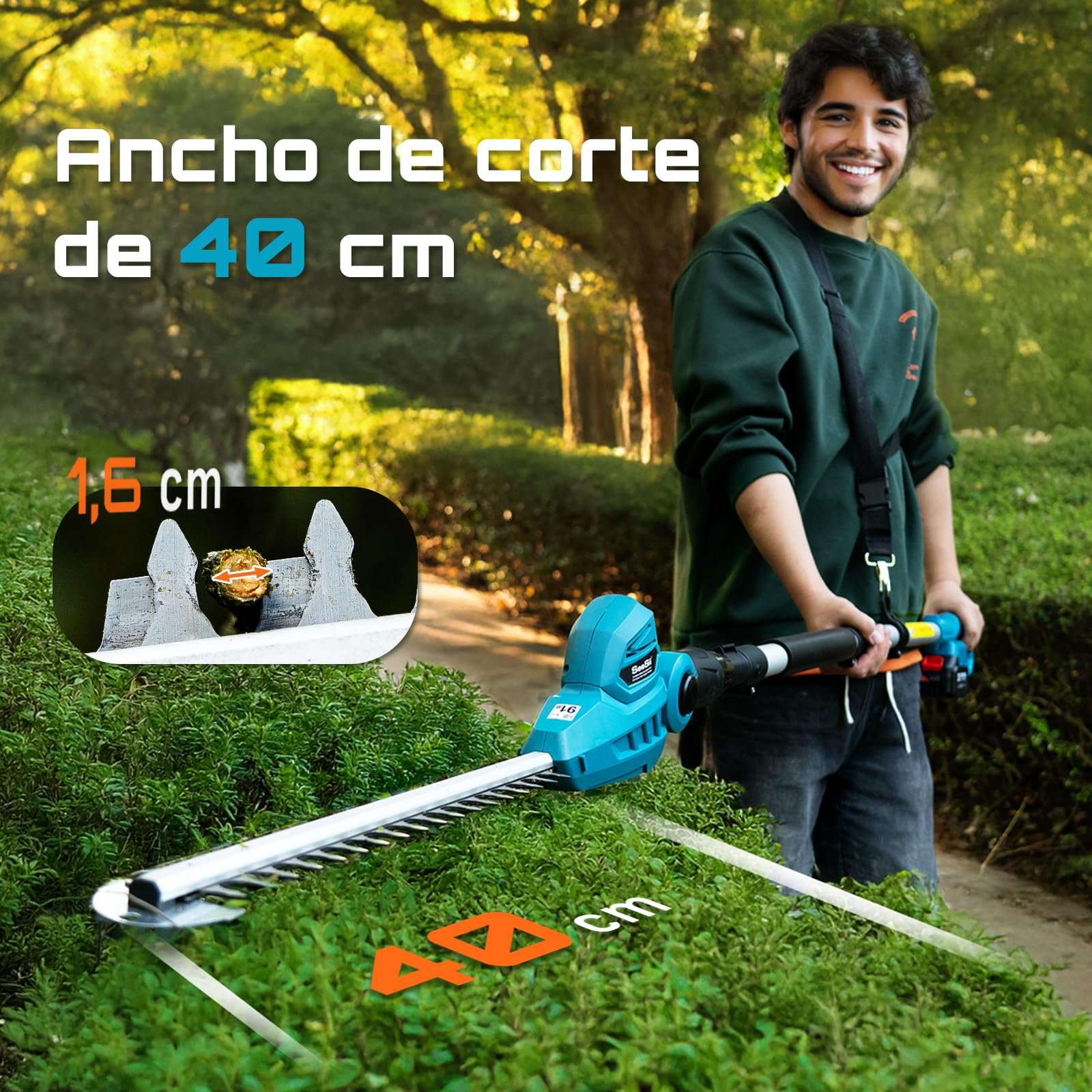 SEESII Cortasetos Telescópico Eléctrico: Cortasetos a Batería con Hoja de Doble Acción de 40 cm, 2 Baterías 4,0Ah, Cabezal Giratorio 135°, para Setos Altos y Arbustos Densos