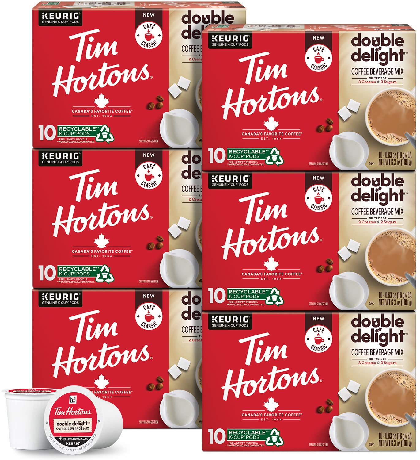 Tim Hortons Double Delight Coffee, Single-Serve K-Cup Pods Compatible with Keurig Brewers, 60ct K-Cups