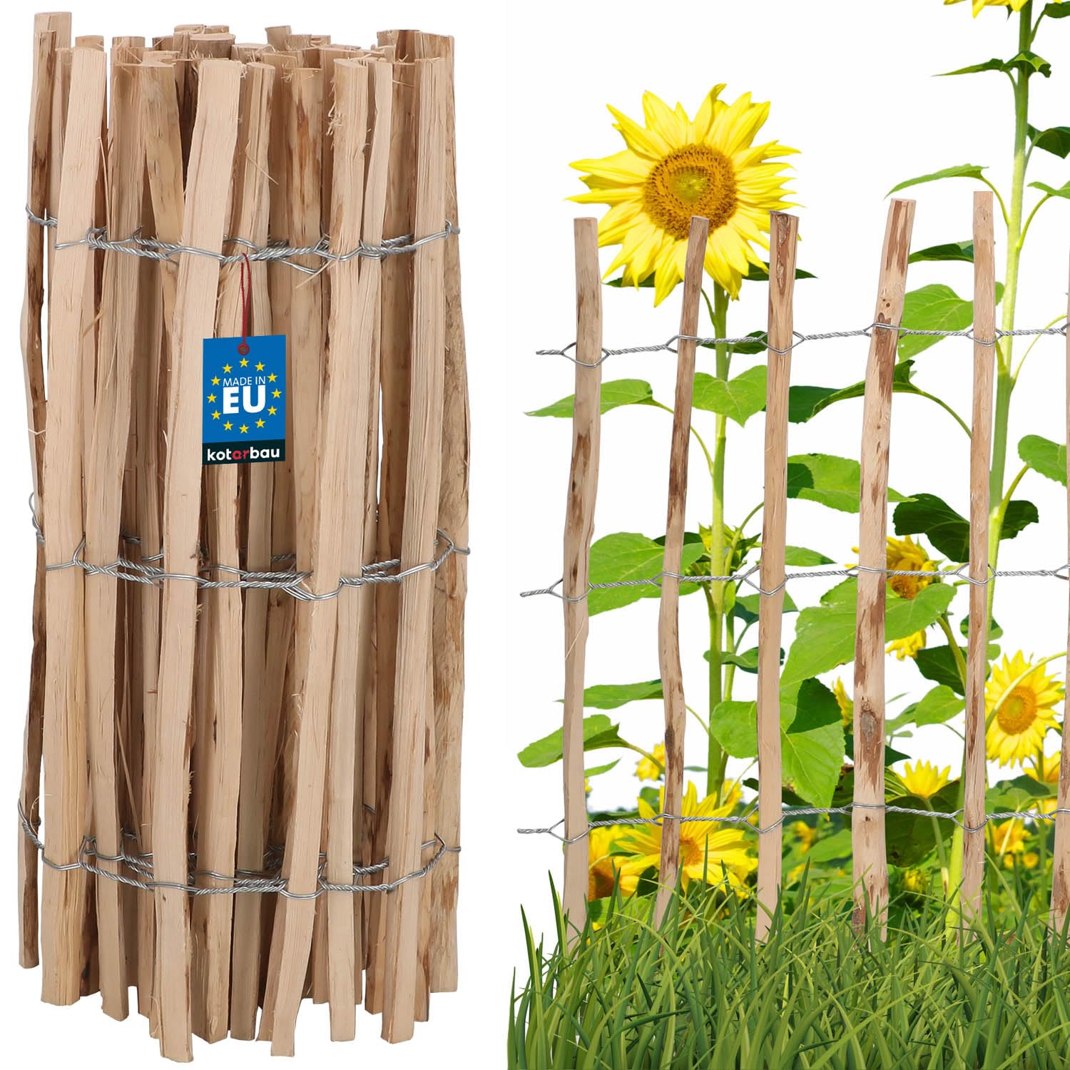 KOTARBAU® Valla de estacas de madera, 0,8 m x 5 m, Madera de avellano natural, Vallado enrollable, Valla de listones de madera unida con alambre, Valla para crear una barrera en jardín
