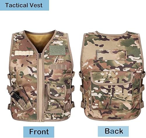 Miniatura 8 de Xximuim Chaleco táctico para niños, chaleco de nailon ajustable de 17.7in, chaleco de juego para exteriores con múltiples bolsas para jugar con CS