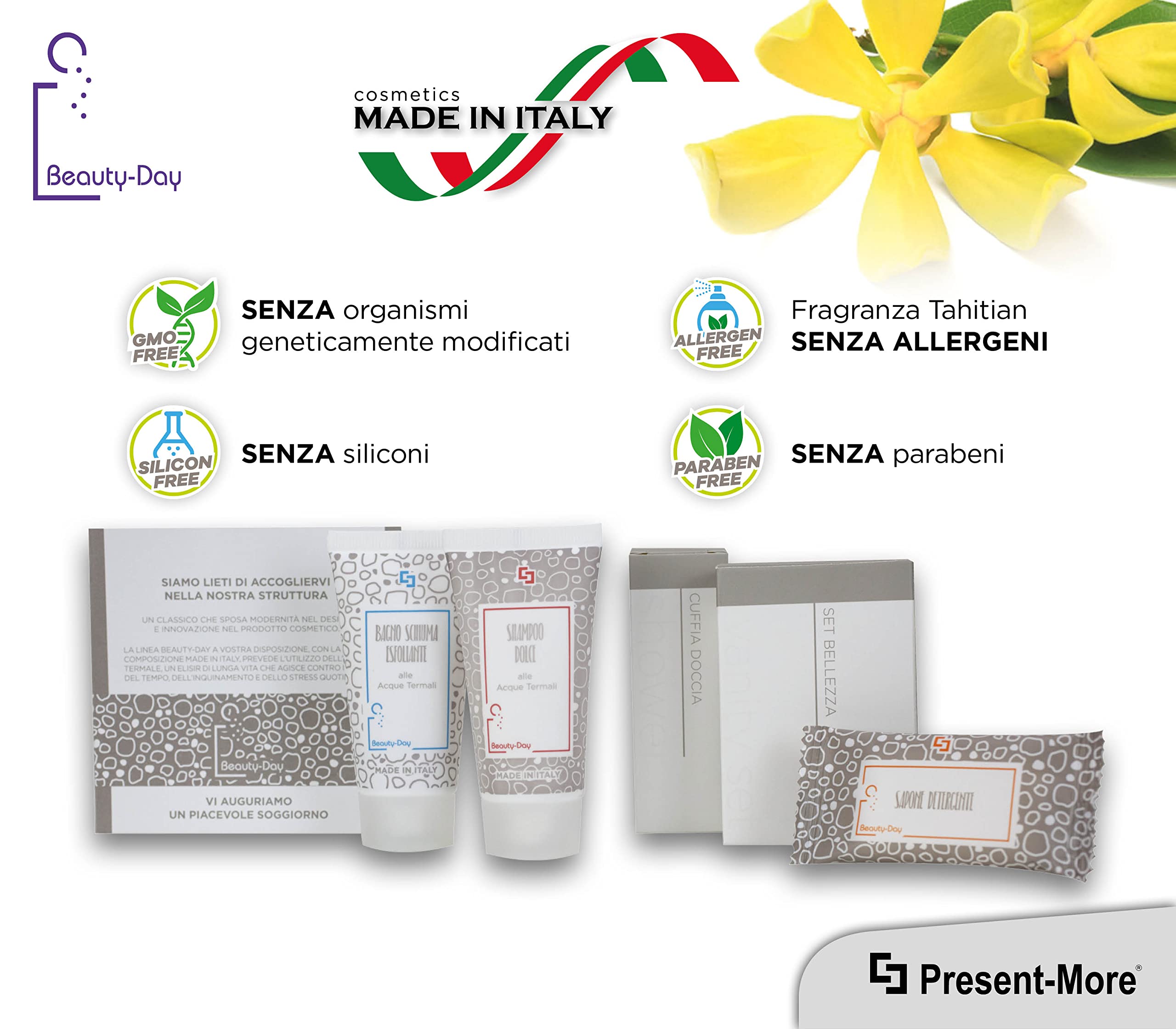 PRESENT-MORE - Set Cortesia 35 Ospiti Beauty-Day Italy | Fragranza Ylang Ylang - Shampoo, Gel Doccia, Sapone, Cuffia e Vanity - Made in Italy - Per Hotel e B&B