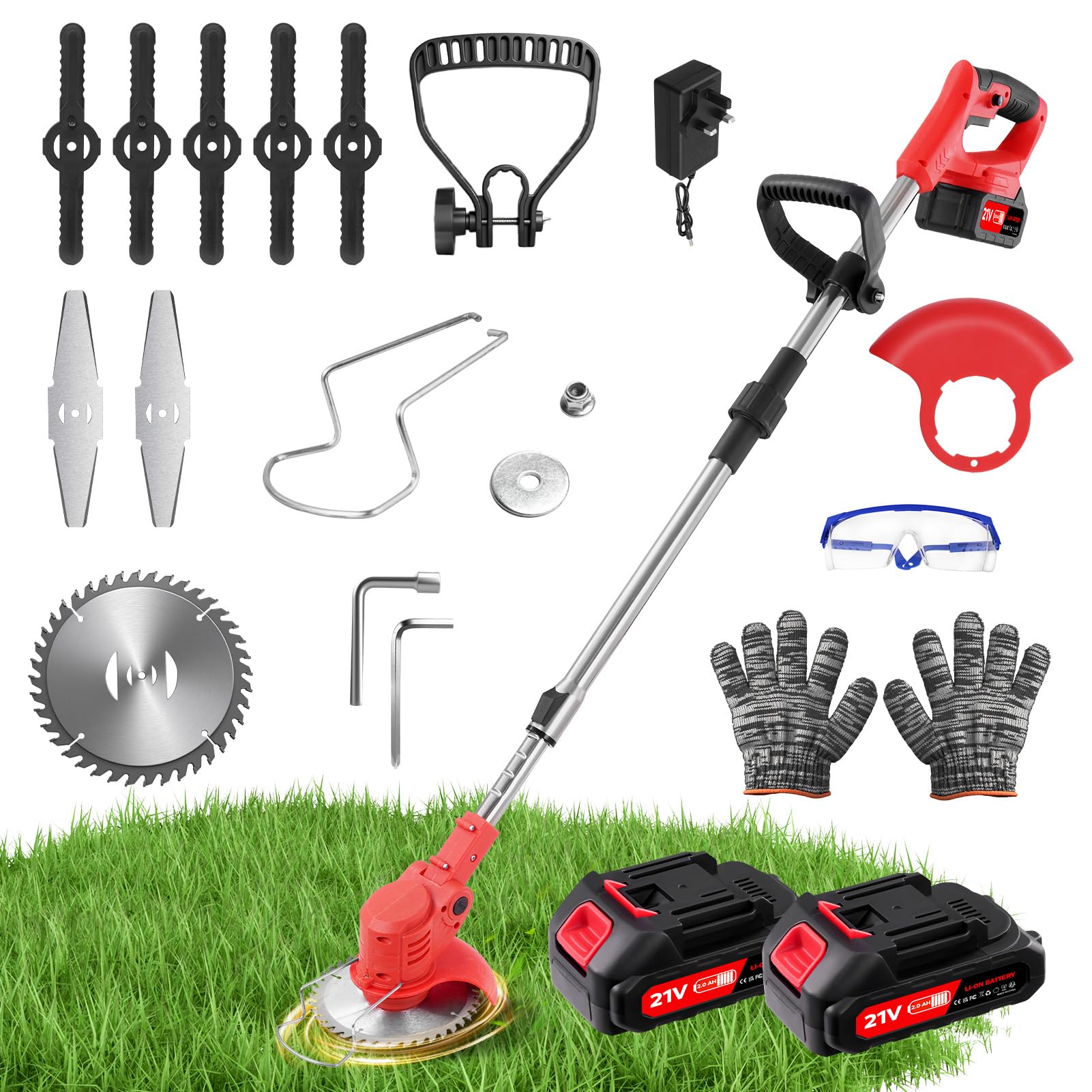 Cordless Grass Strimmer 21V with 2 x 2000mAh Battery,3 Metal Blades