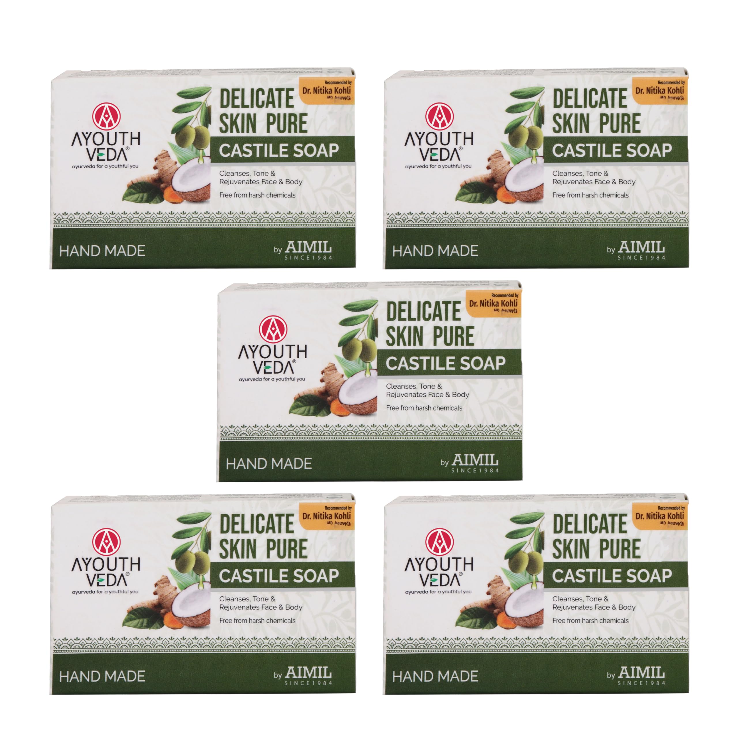 Ayouthveda Delicate Skin Pure Castile Soap (5 Pack) | with Tulsi, Neem, Coconut & Olive Oil | for a Clear, Toned & Rejuvenated Skin | gives you Glowing, Radiant & Toned (5 * 500ML)