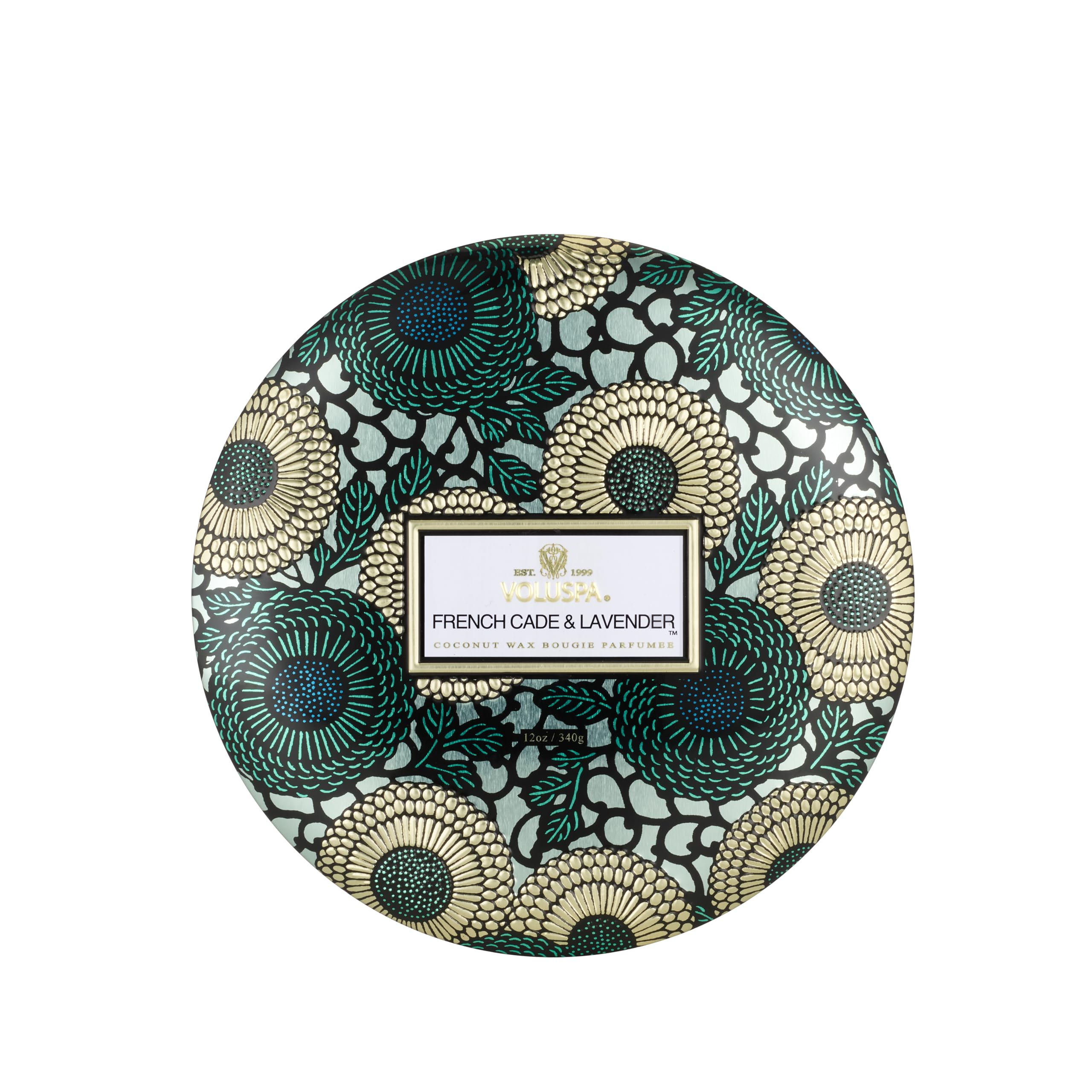 Voluspa French Cade Lavender, 3 Wick Tin Candle, 12 oz, 40 Hour Burn Time, Coconut Wax for Clean Burning, Handcrafted in the USA