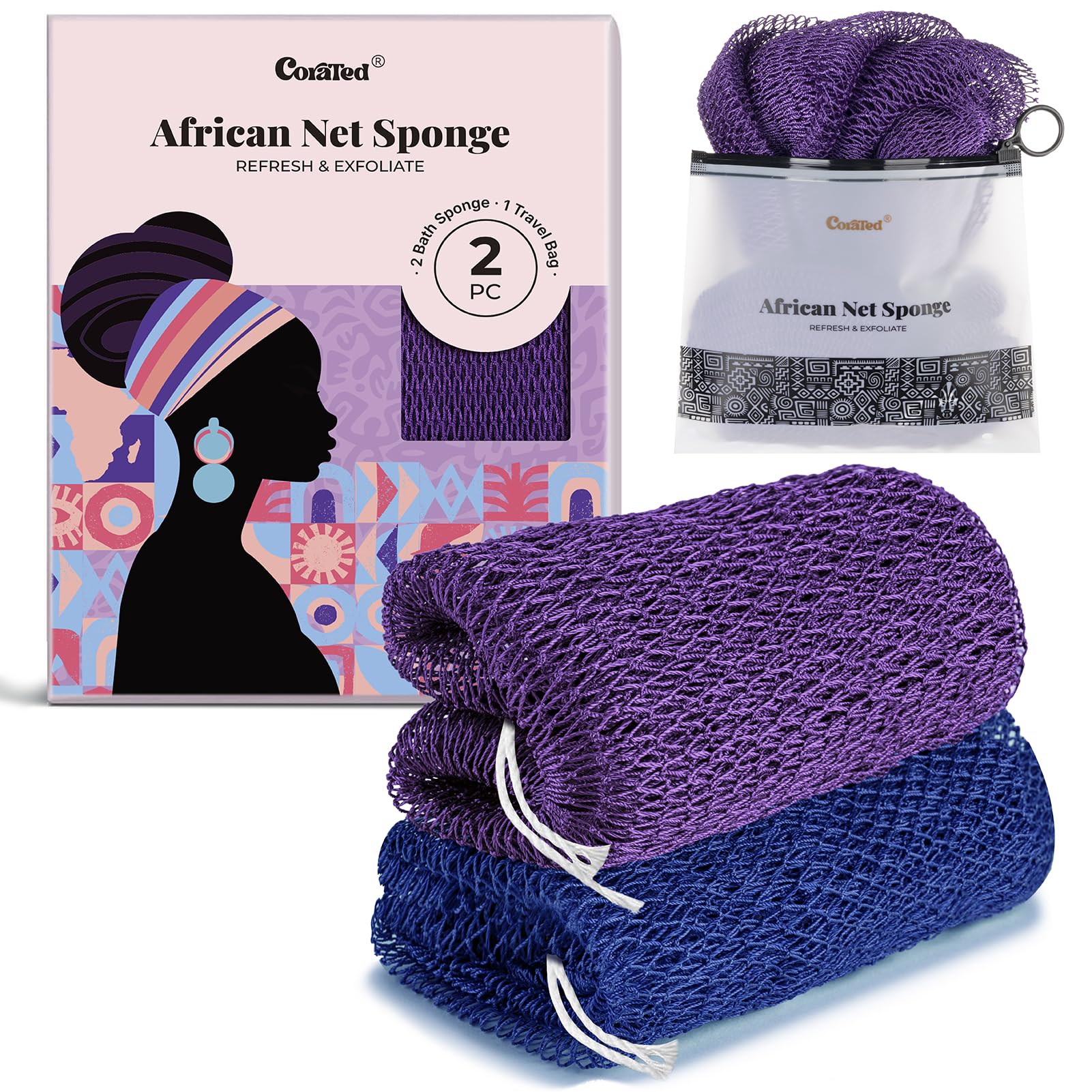 CORATED 2 Stück Afrikanischer Netzschwamm, African Net Sponge, Peeling-Netzschwämme, Rückenexfoliierer, Schönheits-Hautreinigung für Dusche und SPA, Blau und Violett