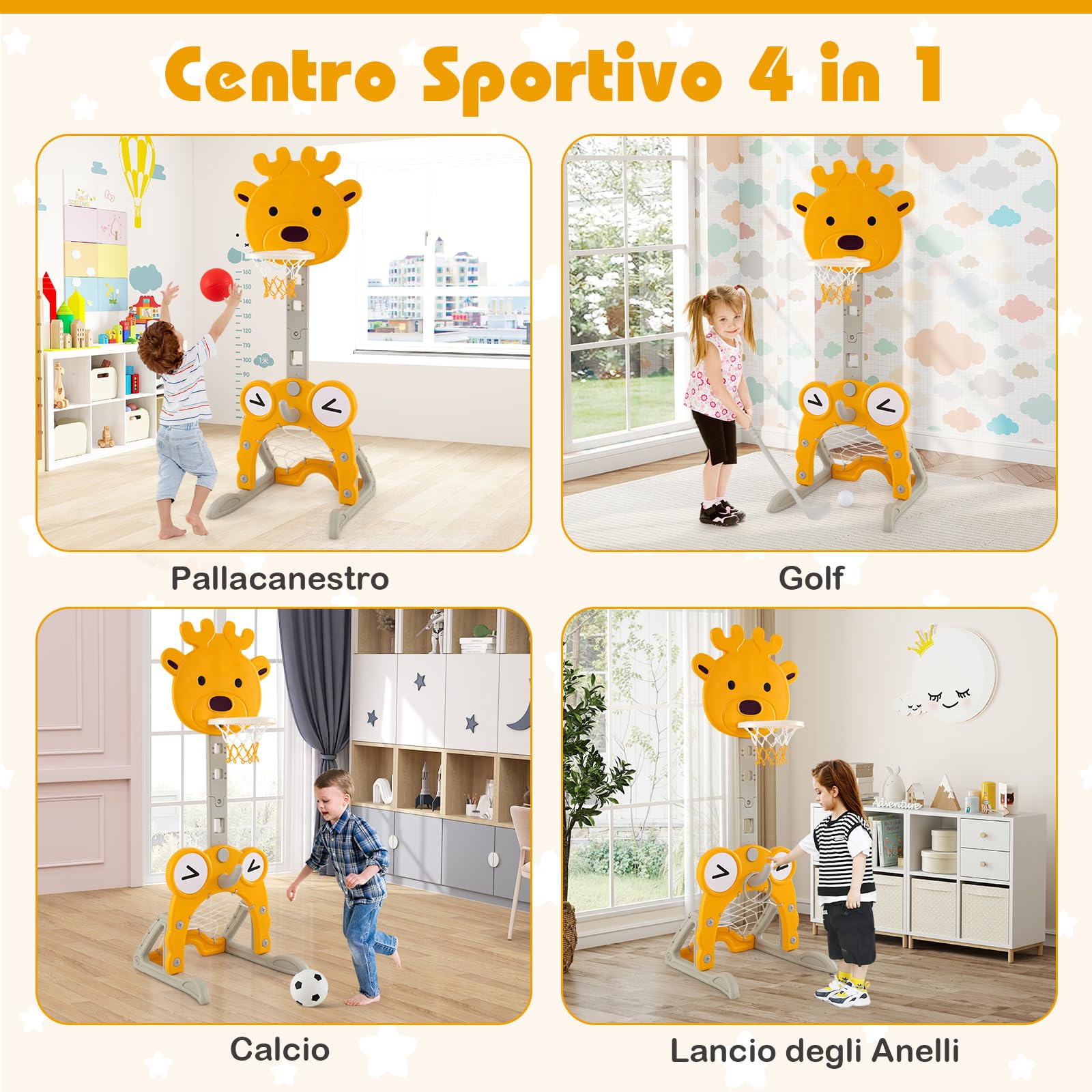 COSTWAY 4 in 1 Canestro da Basket per Bambini, Centro Attività con Cerchio, Porta Calcio, Lancio ad Anelli, Golf, Canestro Regolabile, per Bambini 3+ Anni (Cervo)