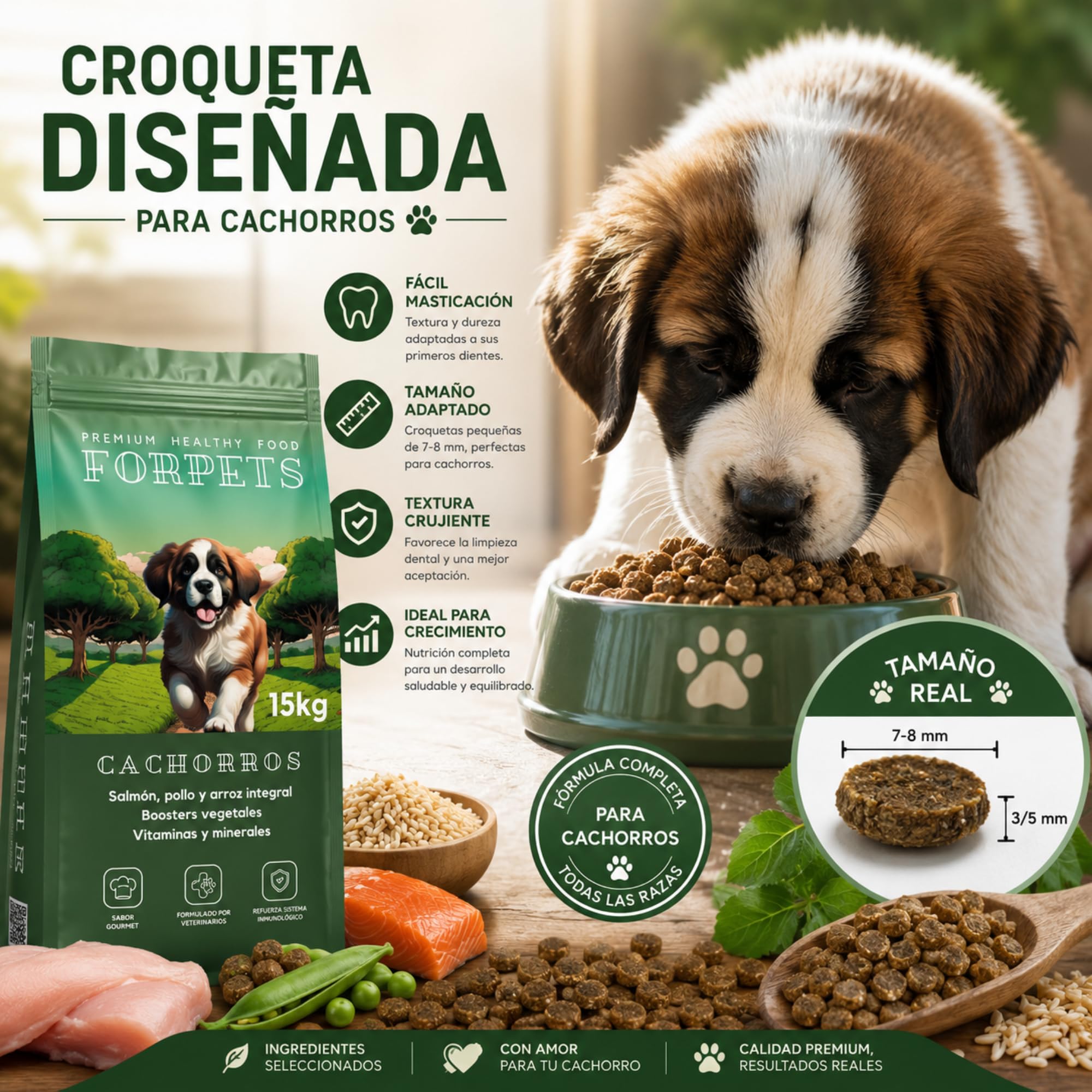 Pienso para Cachorros 15 kg | Salmón, Pollo y Arroz Integral | Digestión Sensible y Crecimiento Saludable | Sin Gluten, Alto en Proteína | Razas Pequeñas, Medianas y Grandes | FORPETS