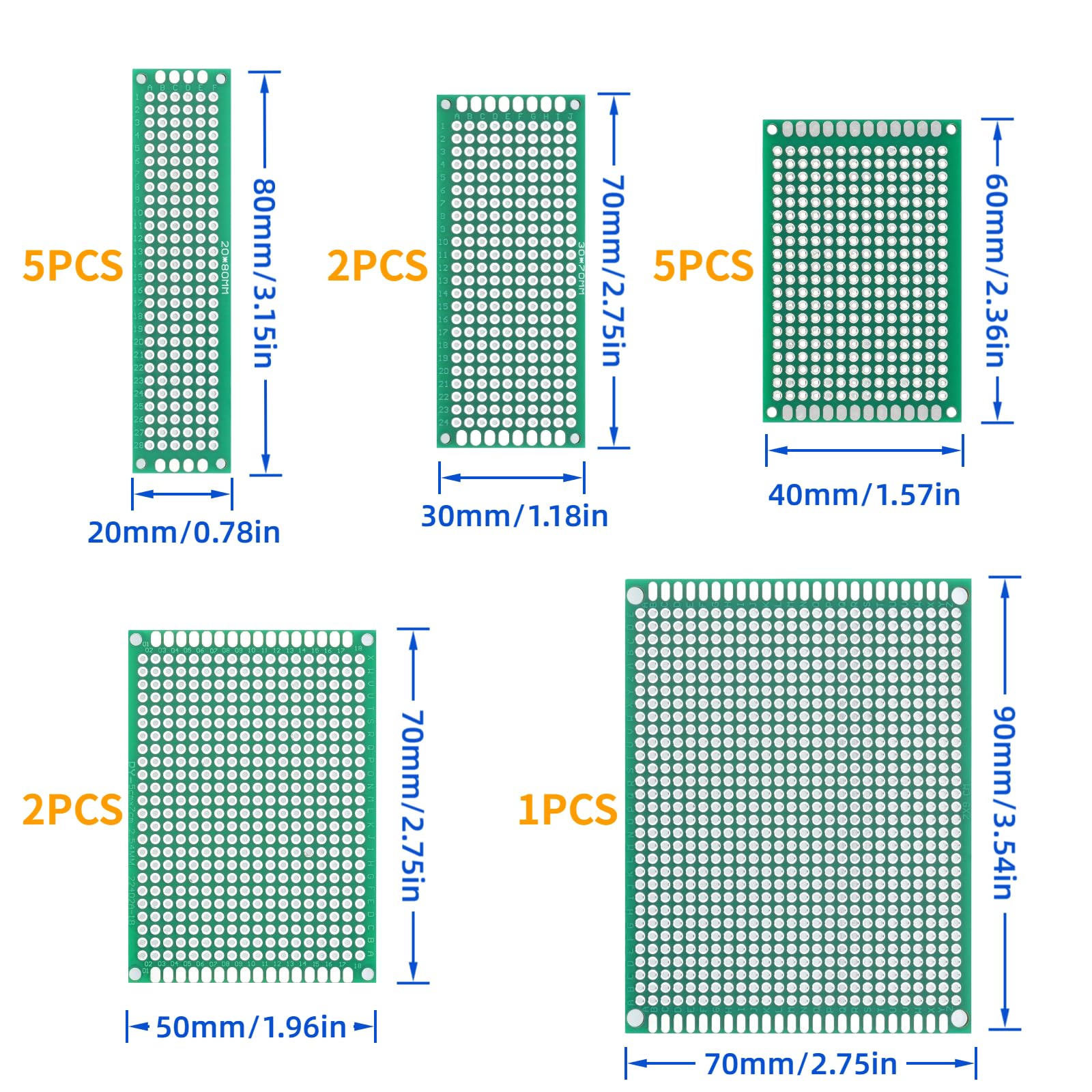 54-teiliges doppelseitiges Leiterplatten-Set in 5 Größen, Perfboard enthält 40-polige 2,54-mm-Steckverbinder für DIY-Lötkreise, Prototyping, kompatibel mit Arduino-Kits
