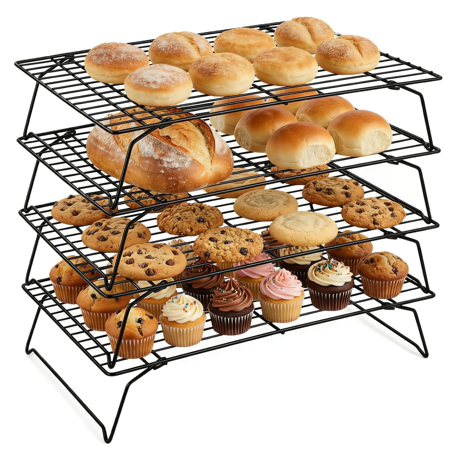 4 Tier Non Stick Wire Cooling Rack, 40x25cm Stackable Non-Stick Baking Accessories, Space Saving Collapsible Oven Racks, for Cake, Grilling, Cookies & Biscuits, Dessert