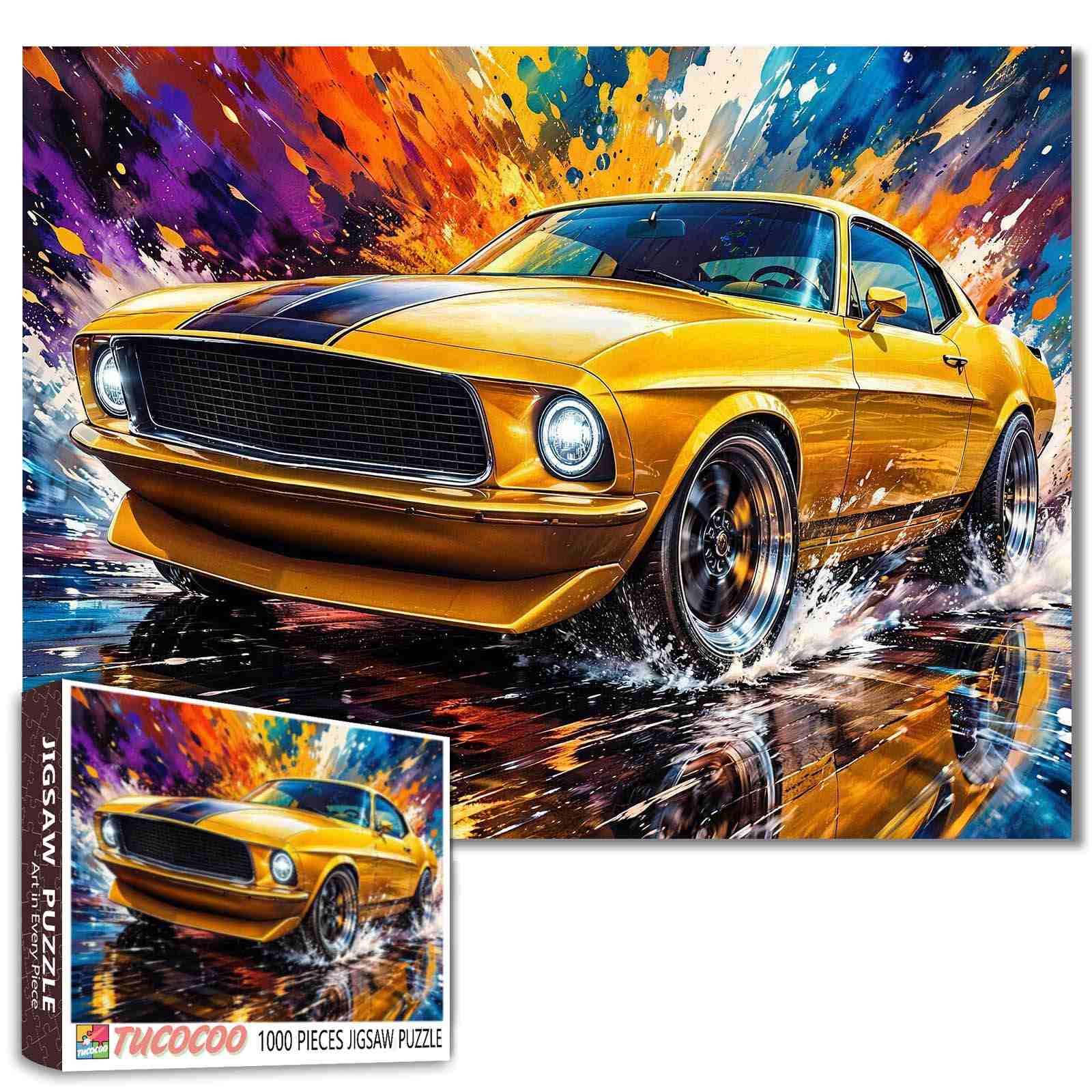 Muscle Car Jigsaw Puzzles for Adults 1000 Pieces Yellow Classic Car Racing Through Splashing Water DIY Puzzles for Family Activity Games Car Wall Decor Craft Gifts 19.7 x 27.6 Inch
