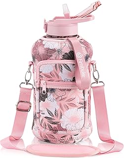 Fimibuke Half Gallon Water Bottle with Sleeve 64 OZ Water Bottle with Handle & Straw Leakproof Motivational Sports Gym Wat...