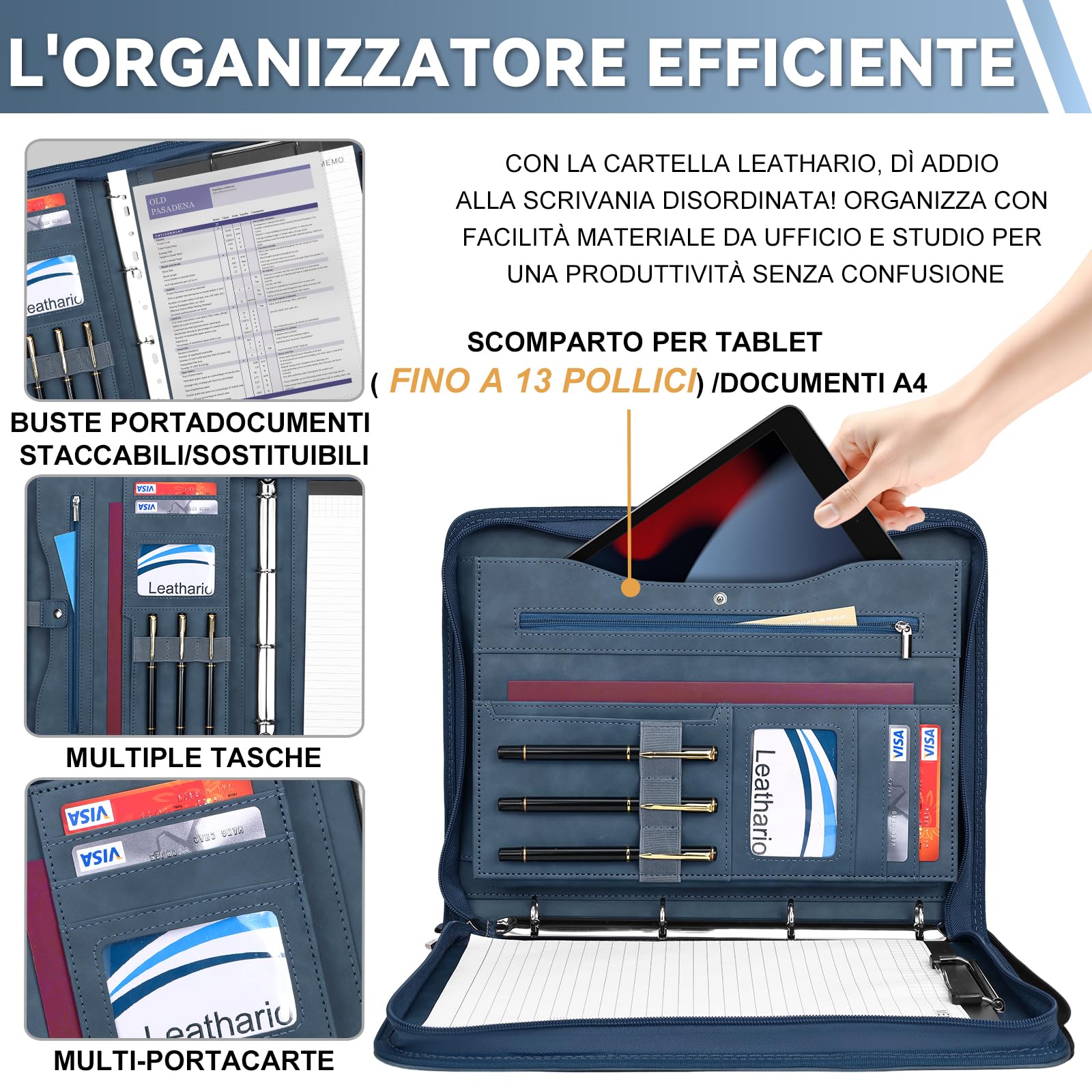 Leathario Cartellina Portadocumenti A4 con Cerniera, Organizer 10 Buste Trasparenti, Raccolgitore ad Anelli, Portadocumenti da Viaggio per Ufficio