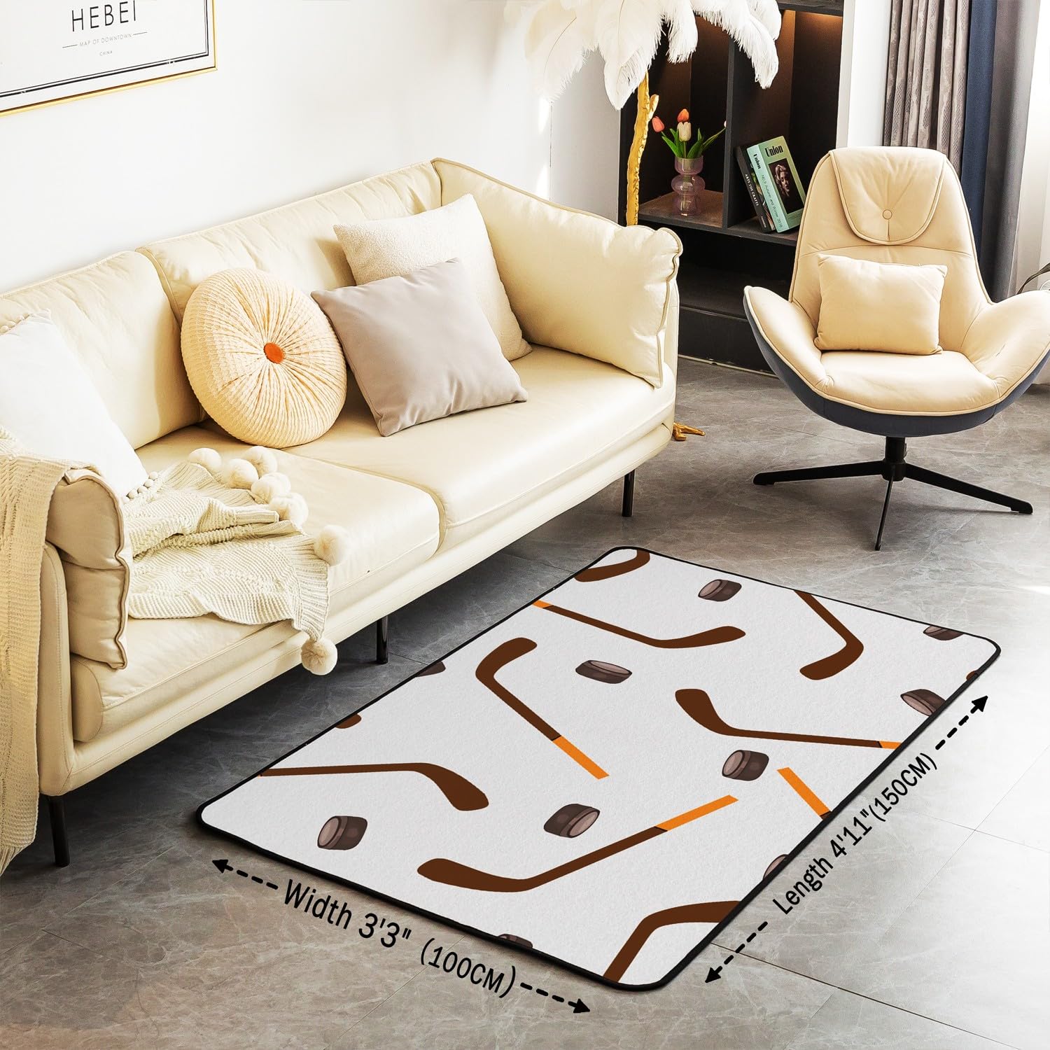 Loussiesd Alfombra decorativa gris de hockey sobre hielo, 150 x 200 cm, con dibujos animados de palos de hockey sobre hielo, para sala de estar, para niños y niñas, decoración de deportes de hielo