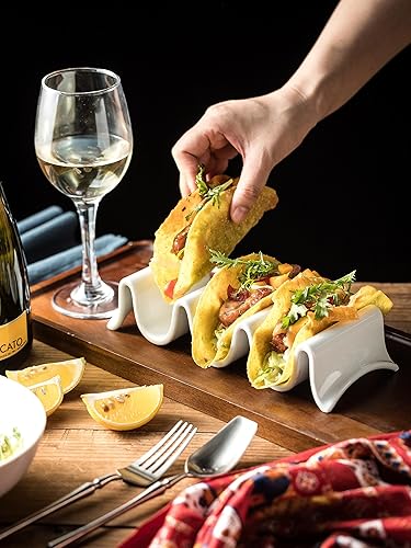 Miniatura 7 de Juego de 2 soportes para tacos, bandeja grande de porcelana para tacos con asas, platos reutilizables y apilables, perfectos para burritos y