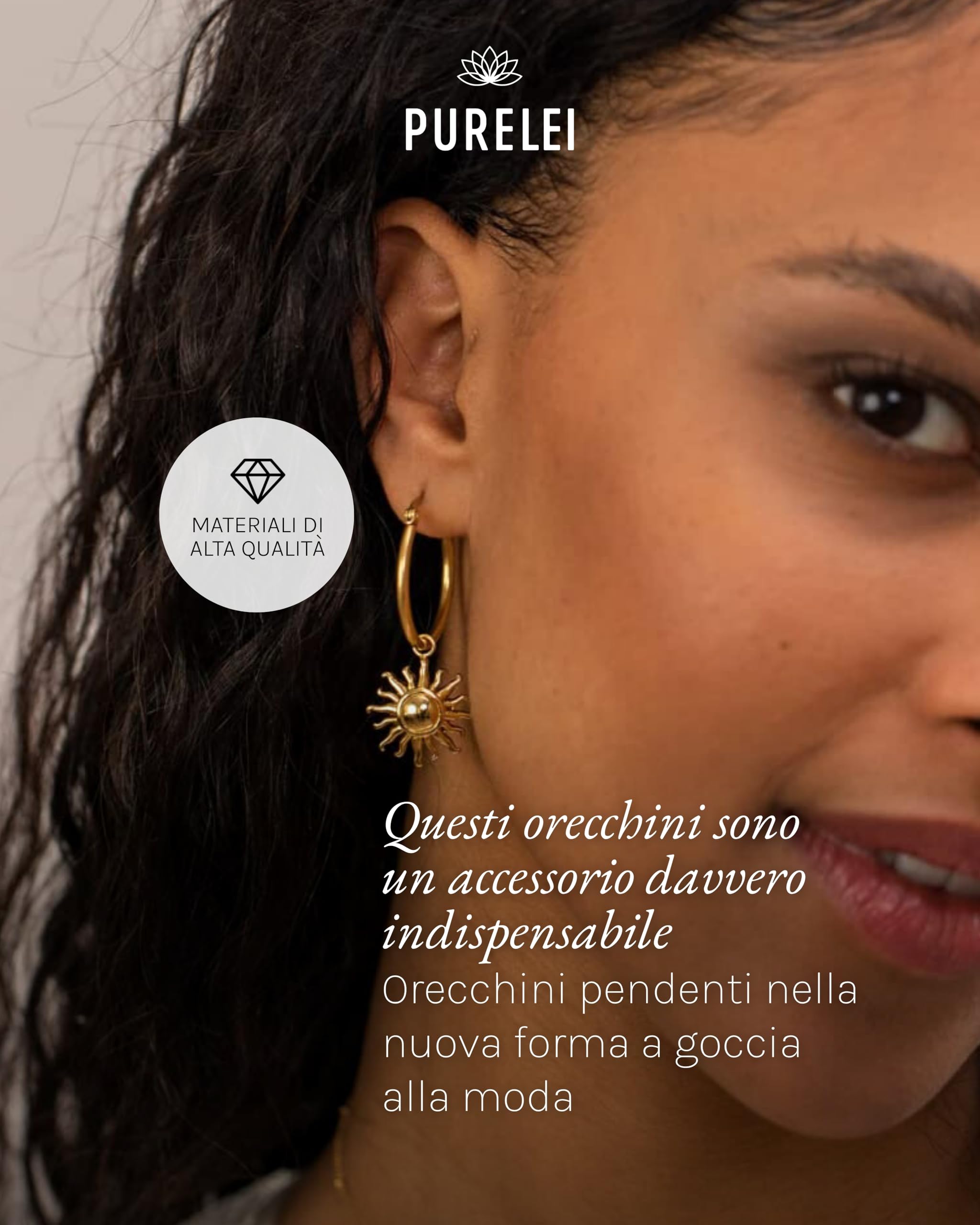 Purelei Orecchini Sun, Orecchini da donna in acciaio inossidabile, Cerchi grandi con pendente a sole, Diametro 1,4 cm, Regalo per donna