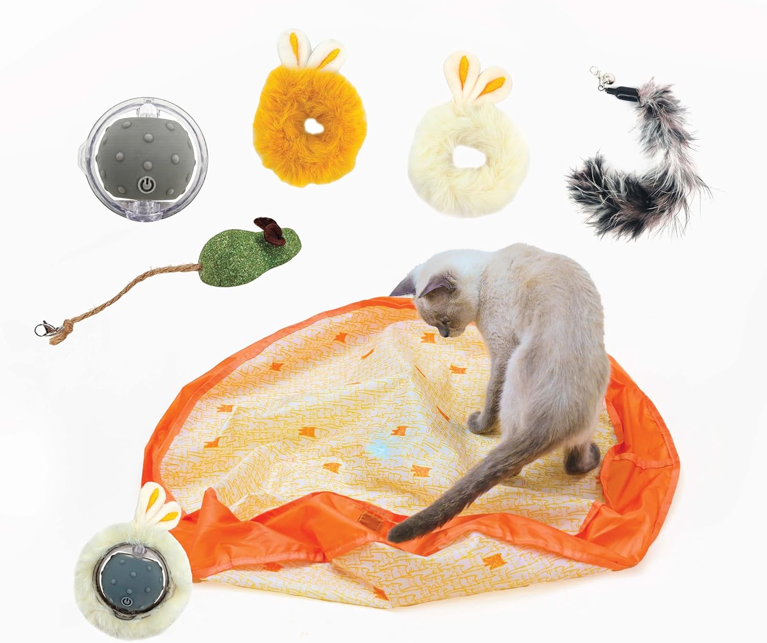 Pounce Mat Interactive Cat Toy by Paw Paw – Motion-Activated Rolling Ball with Bunny Ears & Mouse Tail, 2-in-1 Hide & Seek Hunting Play Mat for Indoor Cats