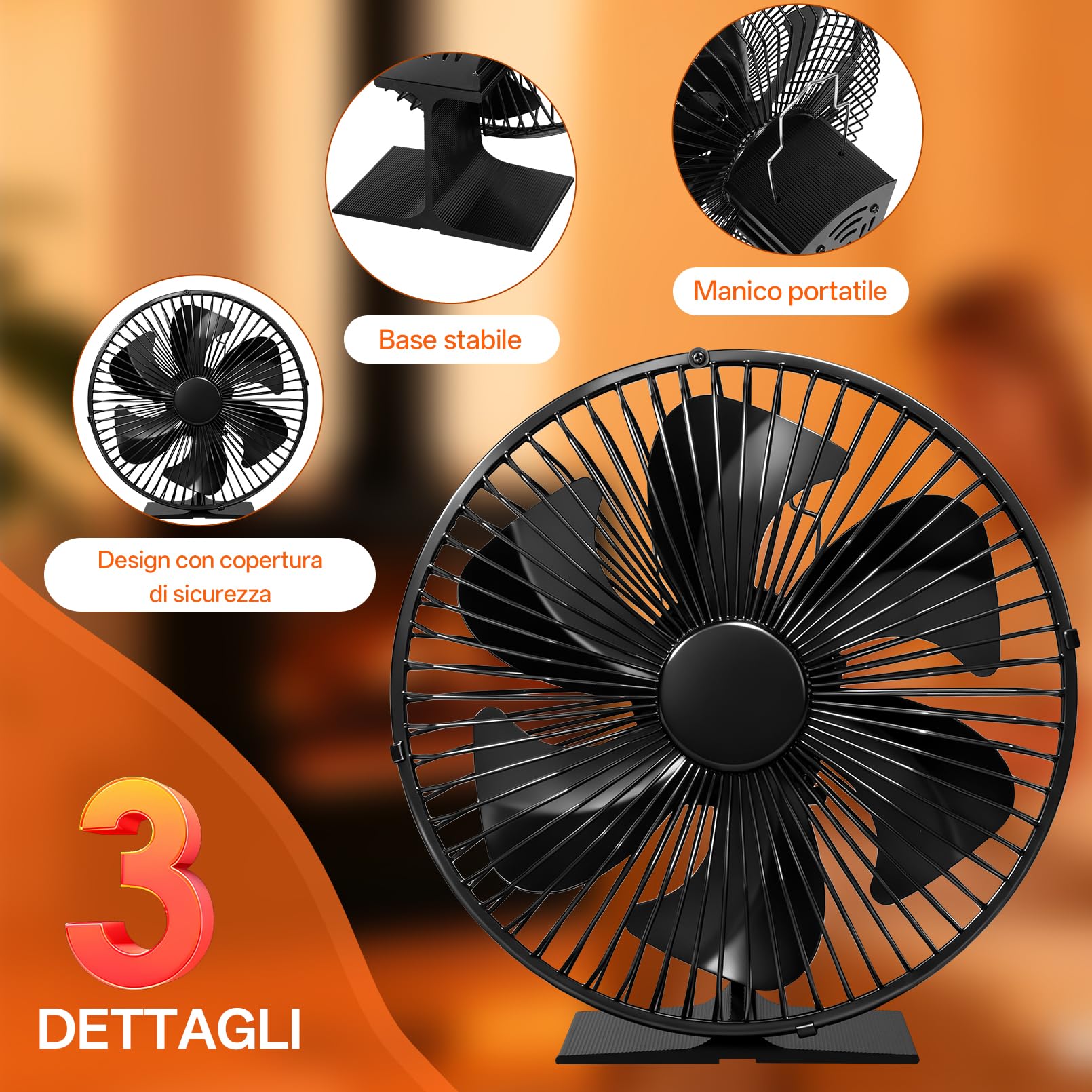 JossaColar Ventilatore per stufa con griglia di protezione, con 6 lame, per camino, per canna fumaria, senza corrente, con termometro magnetico