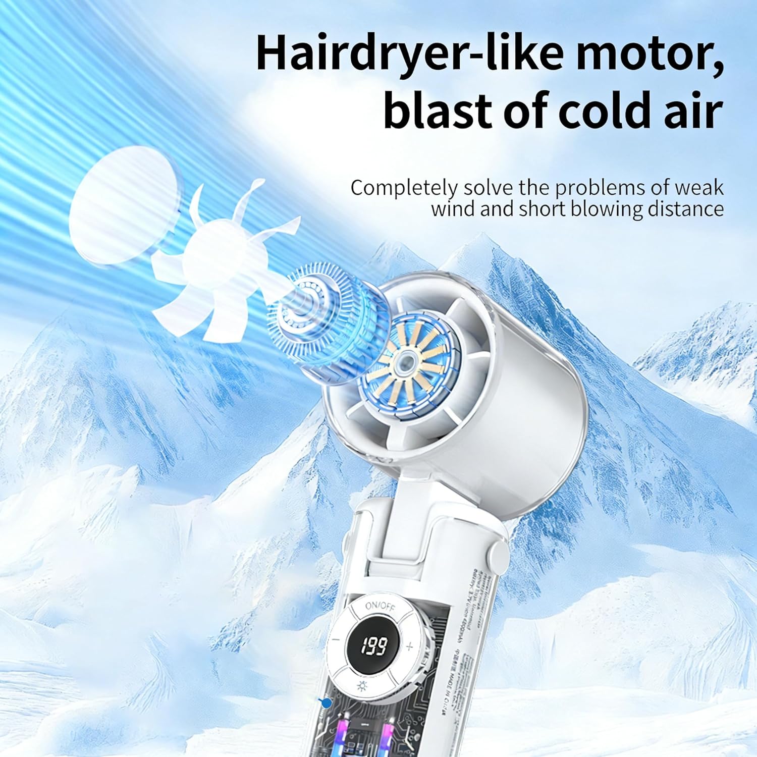 Portable Ac Fan with Turbo Ice Cooling, 4000mah Rechargeable Mini Fan, 135° Tilt Foldable with 1-199 Speeds & Fill Light, Suitable for Handheld, Neck-Hanging, Or Desktop Use (White)