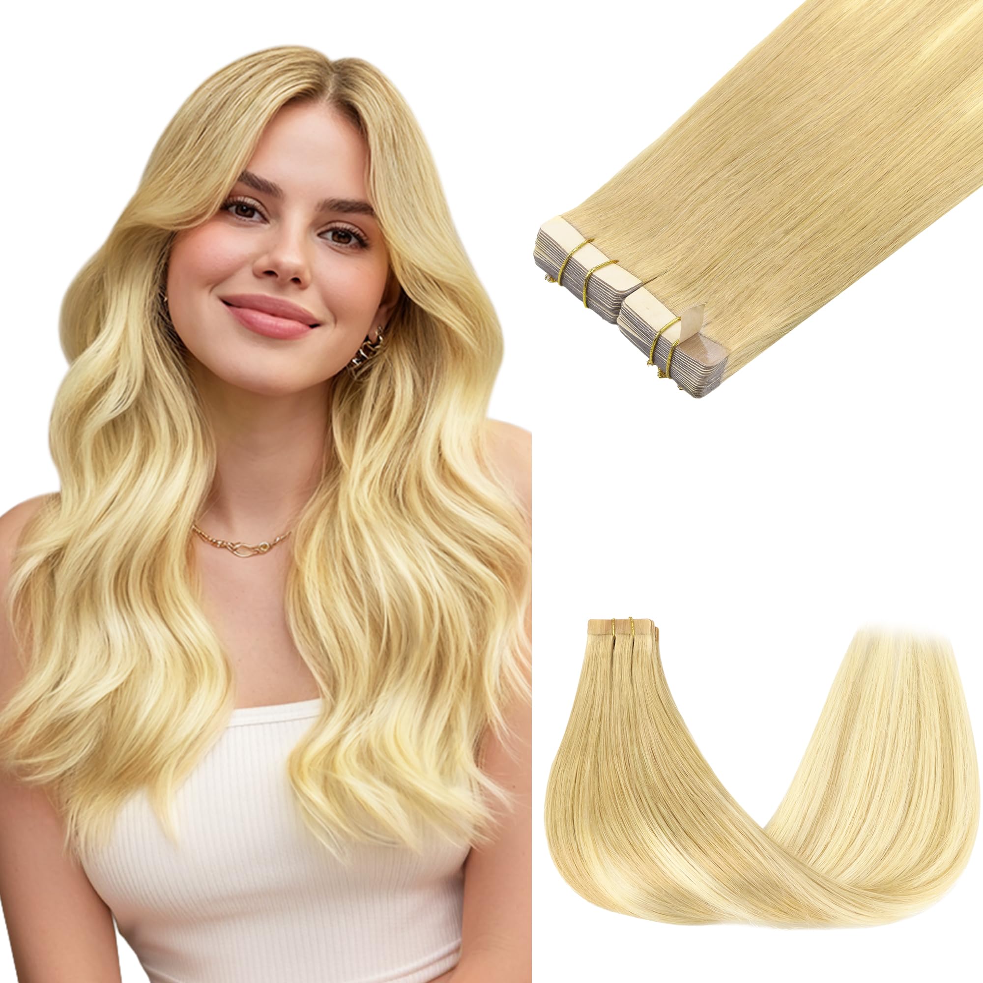 GOO GOO Tape in Hair Extensions Human Hair, 18AT60A Pearl Ash Blonde Highlights, 18inch 100g 40pcs, Skin Weft Seamless Invisible, Silky Straight with