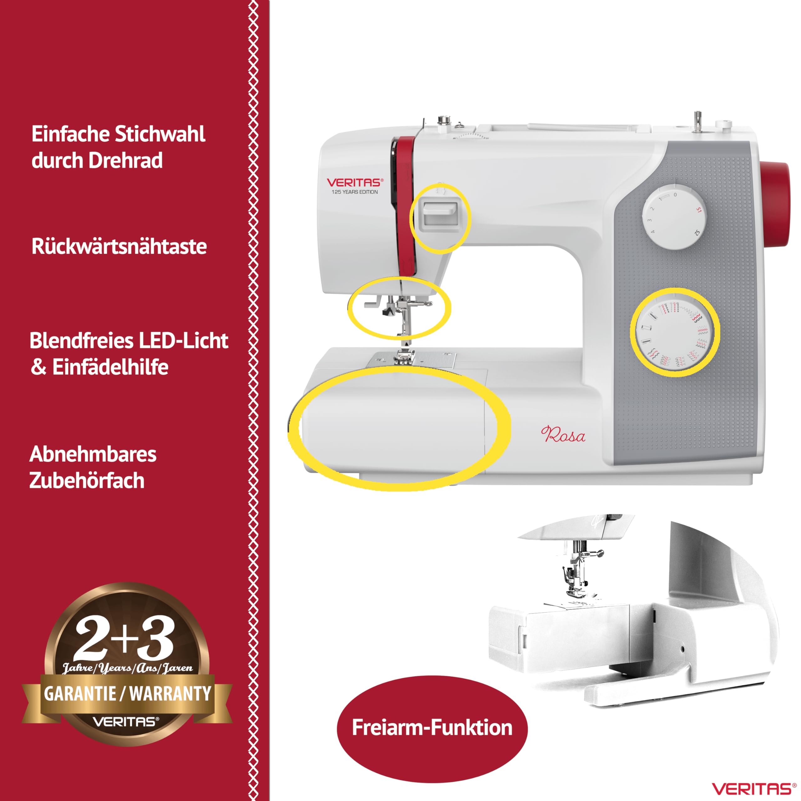 VERITAS Nähmaschine Rosa I 23 Stichprogramme I Einfädelhilfe I Auto-Fadenspannung & Fadenabschneider I Einstellbare Stichlänge I LED-Nählicht I Freiarmnähmaschine (weiß-grau)