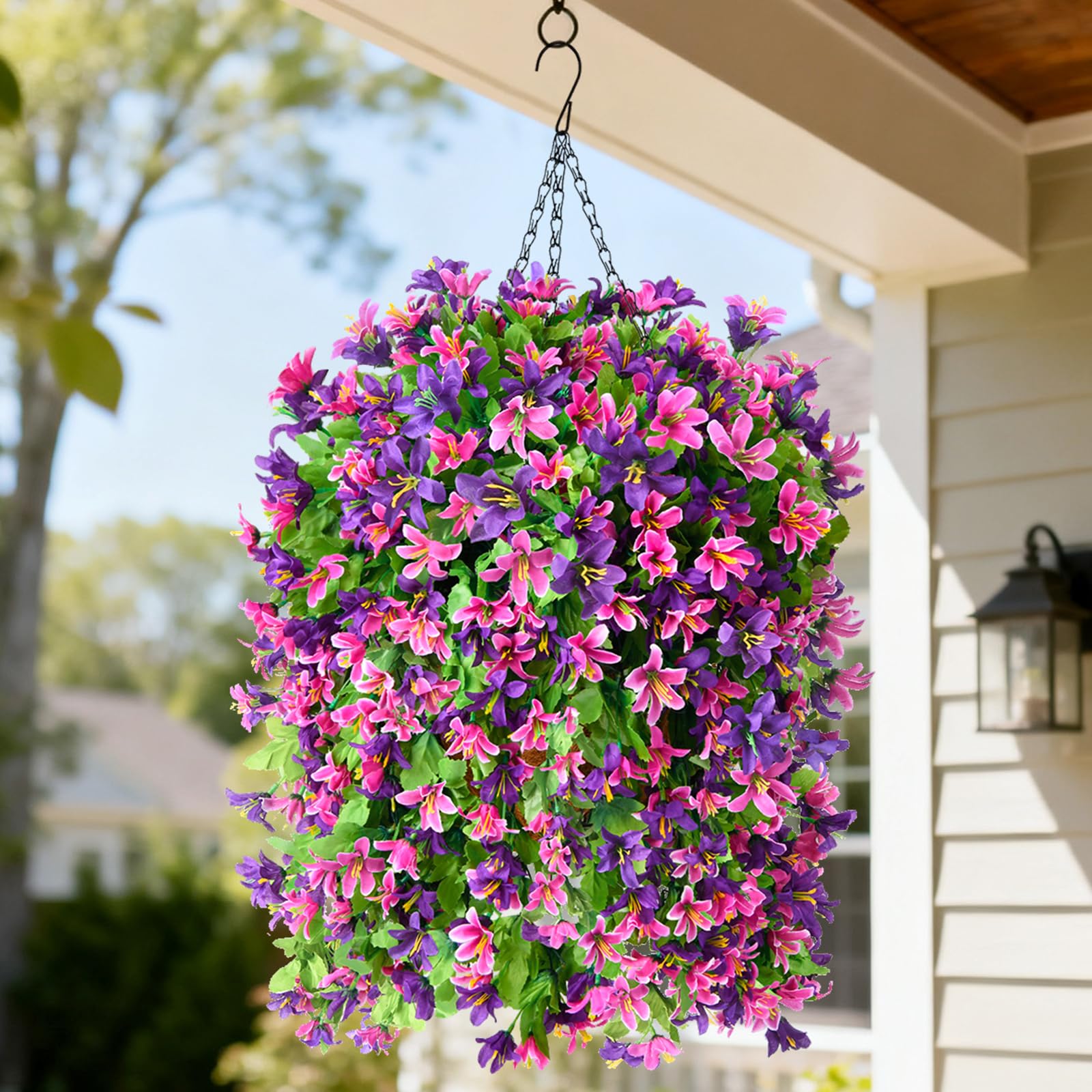 INQCMY Lot de 4 Fleurs artificielles Violettes à Suspendre dans Un Panier pour décoration extérieure, Bouquet de Fleurs Violettes en Soie synthétique résistant aux UV pour l'été, la Maison, la