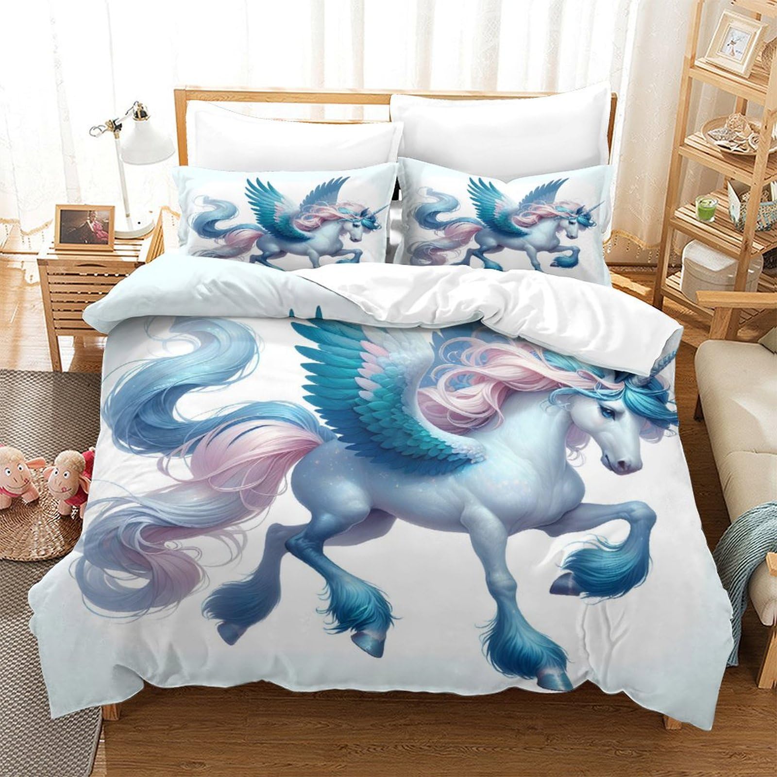 Housse de couette 260x220 ailes de licorne bleu ensemble literie 3D super roi