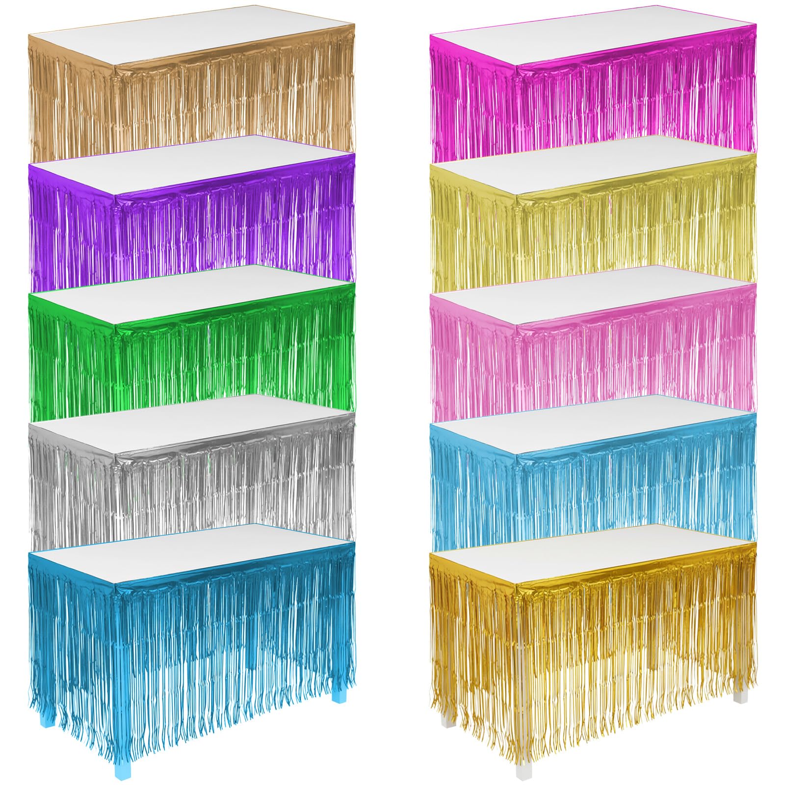 Photo 1 of 10 Pack Multi-Color Foil Tinsel Fringe Table Skirts - 275x75cm (108"x30") Disposable Metallic Curtains for Party Wedding Birthday Anniversary Backdrop Parade Floats Decorations