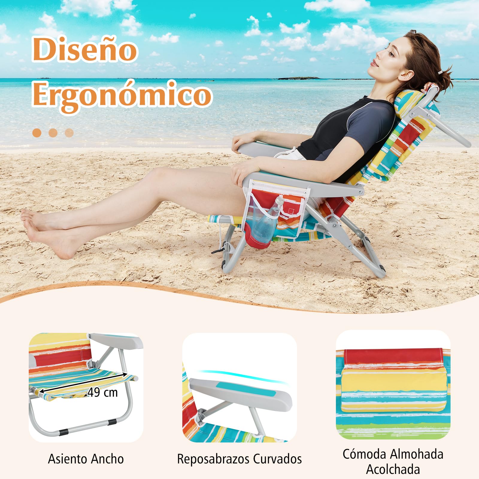 GIANTEX Silla de Playa Plegable con Bolsa de Almacenamiento, Bolsillos Laterales, Reposacabezas y Soporte para Toallas, Respaldo Ajustable 5 Niveles (2, Rayas Coloridas, 65 x 66 x 78 cm)
