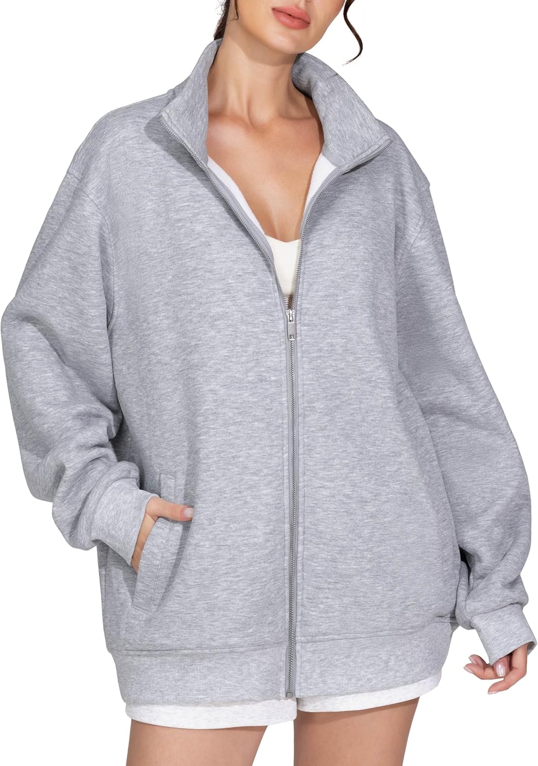 THE GYM PEOPLE Women's Oversized Full Zip Up Sweatshirts Fleece Long Sleeves Stand Collar Workout Jacket with Pockets