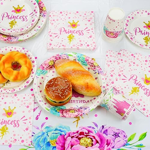 Miniatura 4 de Decoraciones de fiesta de princesa 81 piezas de decoración de castillo, incluyendo platos de papel rosa, servilletas y mantel para decoraciones de