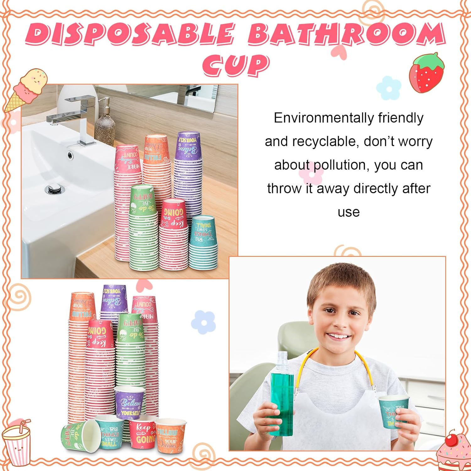 Skyley 600 Pack 3 oz Bathroom Paper Cups for Kids Disposable Mini Animal Mouthwash Cup Small Cold Beverage Drinking Container for Home Office Birthday Party Water Coolers(Inspirational Style) - Image 4