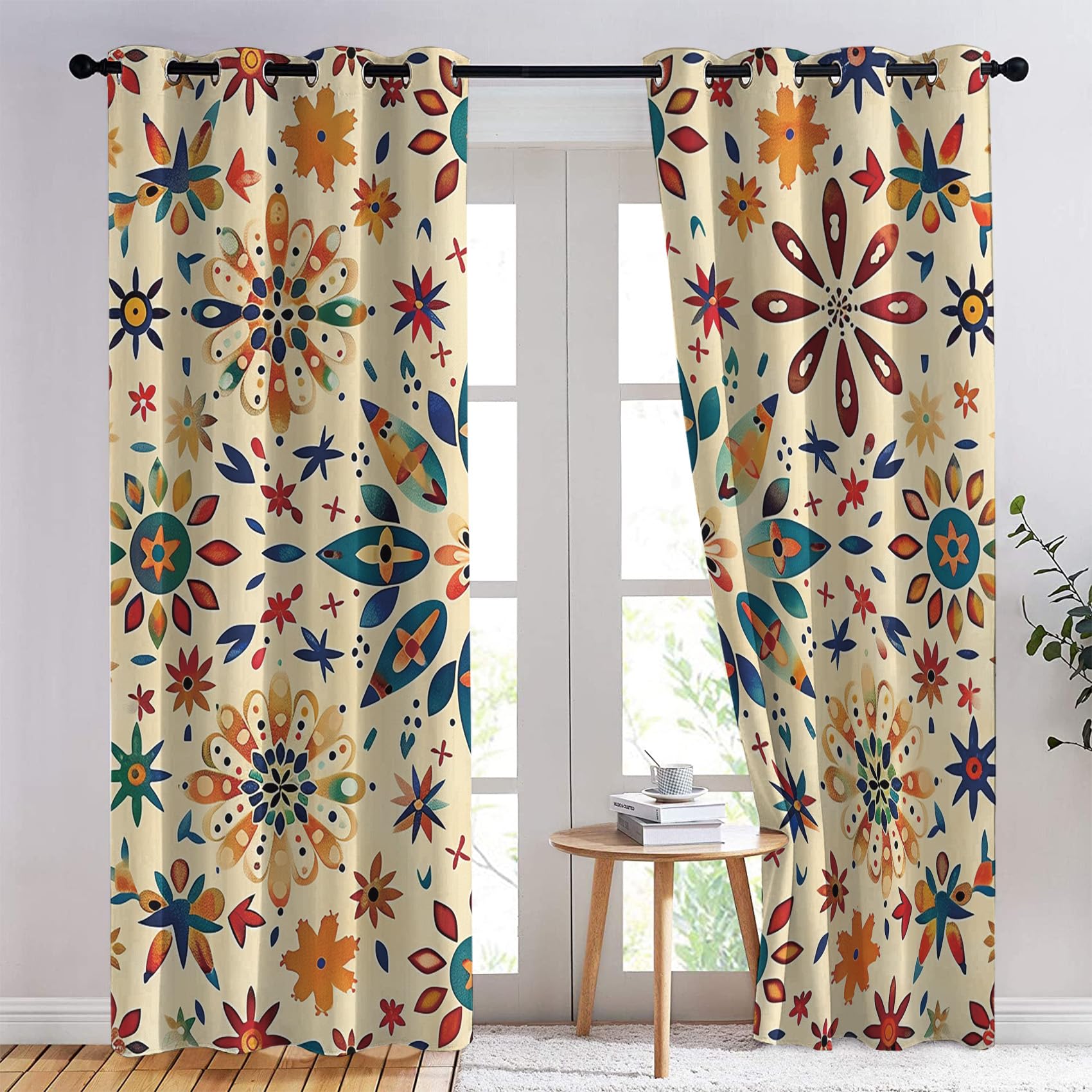 Rideau Occultant Floral Boho, Rideaux Motif Fleurs Bohème Chic, Rideau Thermique Isolant Draperies Intérieurs à Oeillets pour Chambre Salon Fenetre, Lot de 2, 140x180 cm