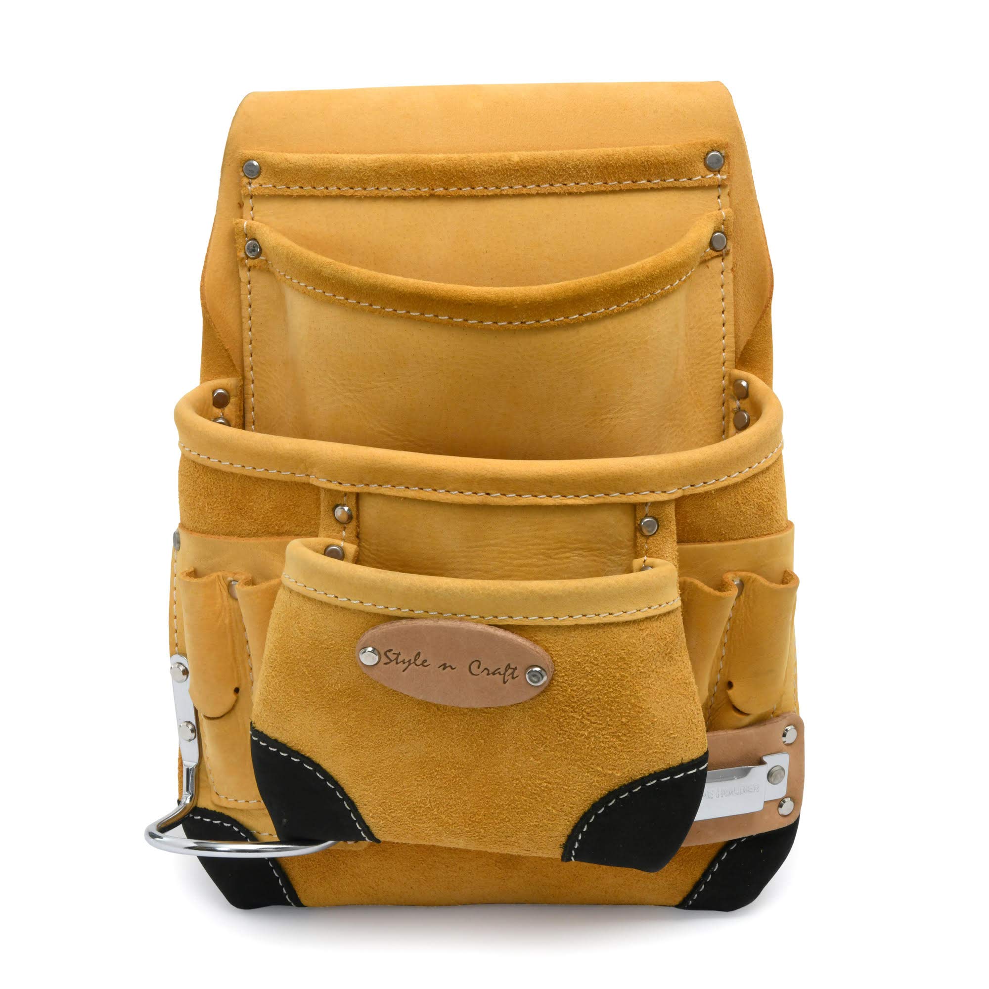 Style n Craft 10-Pocket Carpenter’s Nail & Tool Pouch with Tape Clip, Heavy-Duty Leather Tool Pouch, Perfect and Durable Full-Grain Leather Pouch, Yellow with Black Leather Corners (93924)