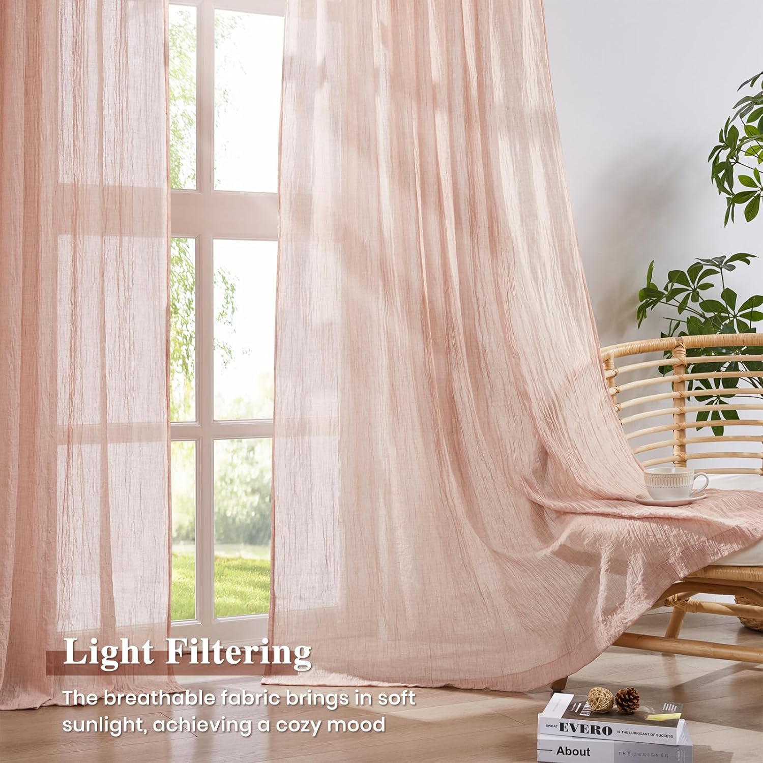 Melodieux Cotton Sheer Curtains 84 Inches Long, Pinch Pleated Soft Pink Curtains Panels for Girls' Room, Light Filtering Back Tab Window Wrinkle Drapes for Bedroom Living Room, 40x84 Inch, Light Pink 40\"W x 84\"L (Pack of 2) Light Pink