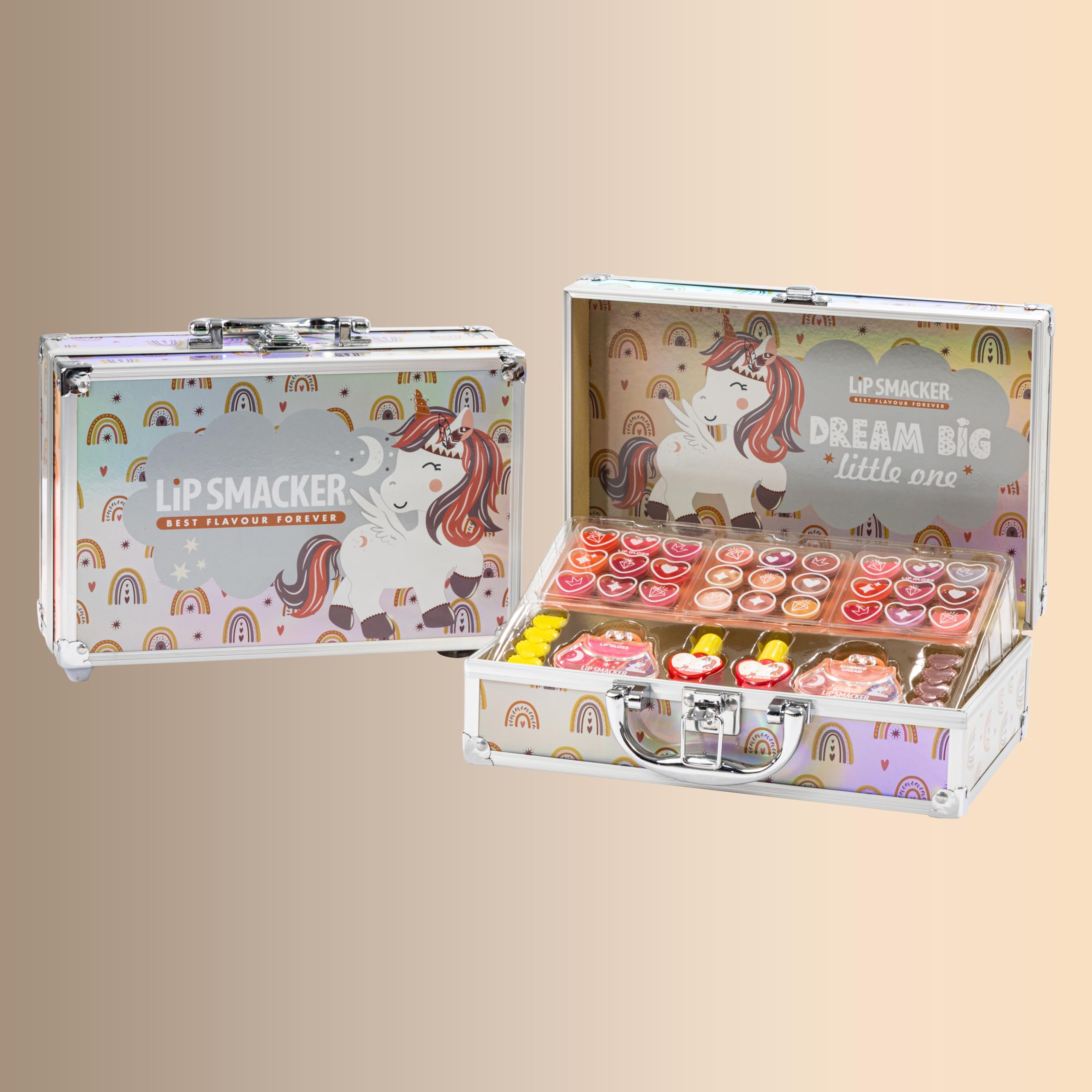 Lip Smacker Beauty Train Case, All-in-One Make-up Set für Mädchen, Bestehend aus 22 Lipglossen, 9 Cremigen Lidschatten, 2 Nagellacken, 4 Glitzerpudern und Haarspangen