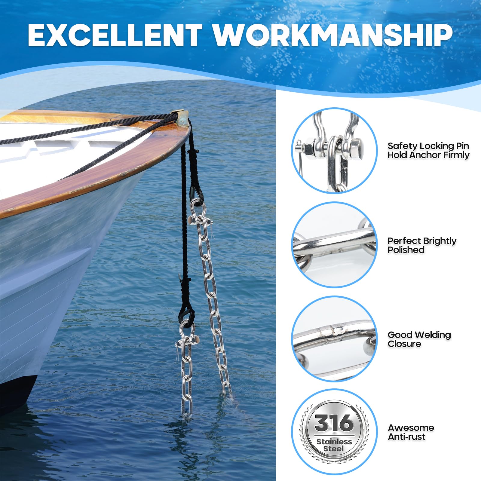 Ankerkette aus Edelstahl 316, Ankerketten-Set in Marinequalität, hochbelastbare 6mm- oder 8mm-Ankerkette mit 2 doppelten Sicherheitsschäkeln an den Enden für Boote, Pontonboote, Deckboote