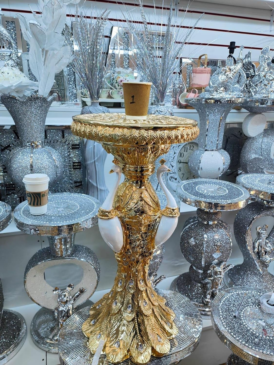 DEENZ End Table 3 Peacock Style Base Large 40X60Cm Diamond Crystal Sparkly Side Table Home Decoration (Gold)