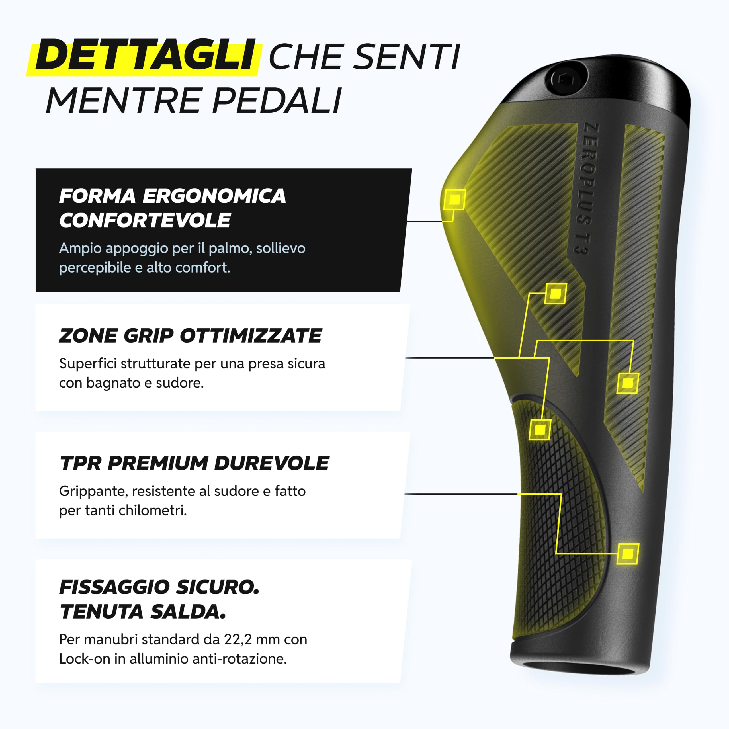 Alphatrail ZeroPlus manopole bici ergonomiche con aletta e supporto palmo, manopole ergonomiche MTB lock-on 22,2 mm, 1 paio, manopole bicicletta ergonomiche per e-bike, trekking & city