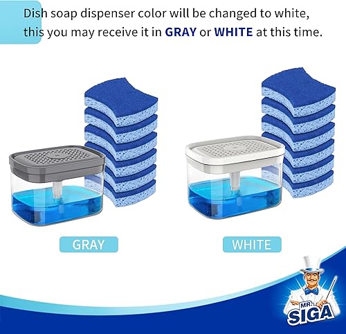 Miniatura 3 de MR.SIGA Dispensador de jabón para platos con soporte de esponja y juego de esponjas para fregar, dispensador de jabón de cocina con gran capacidad