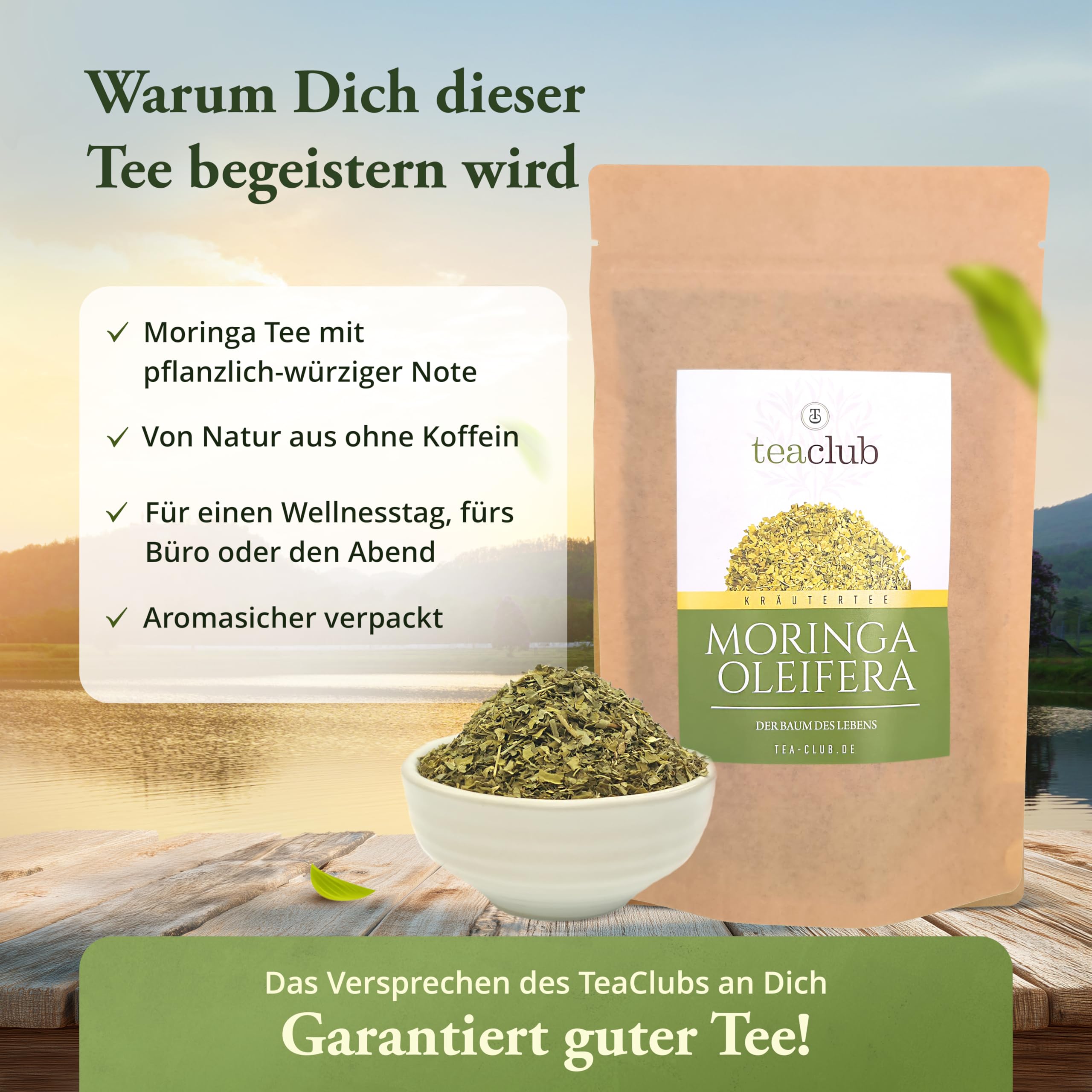 TeaClub Té de Moringa a Granel 500g – Hojas de Moringa Oleifera | Infusión sin cafeína de hojas de moringa oleifera, frescor vegetal, sin lactosa, bolsa doypack