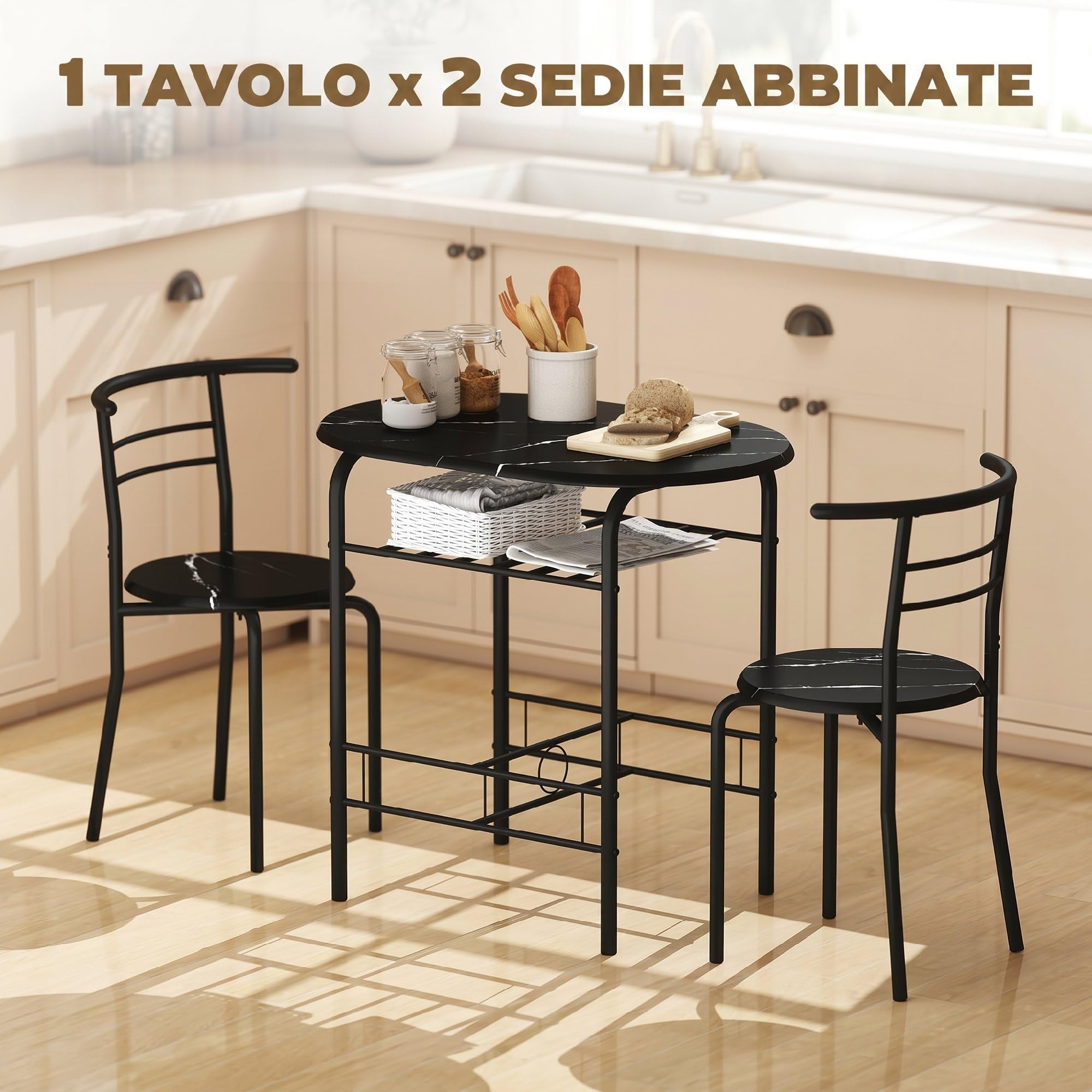HOMCOM Set Tavolo Moderno con 2 Sedie per Sala da Pranzo Nero | Set 3 Pezzi, Mobili Salvaspazio da Cucina, Balcone, Ristorante o Bar