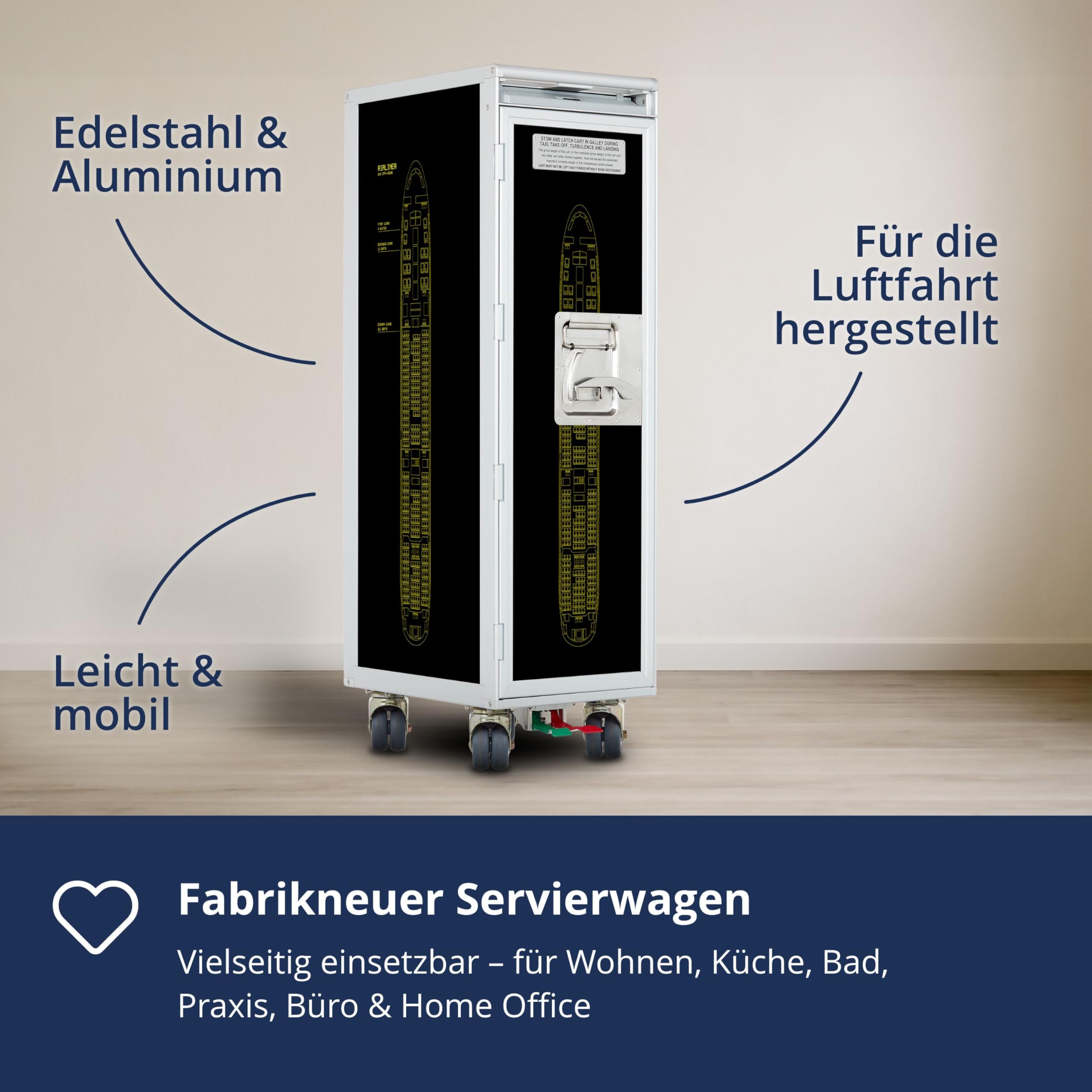 Airline Trolley Airliner, Büroschrank, Küchenwagen schmal, Aktenschrank klein, Schubladenschrank, Norm: Atlas, 103 x 30,5 x 40,5, Flugzeugtrolley, Gelb, 7 Einschübe