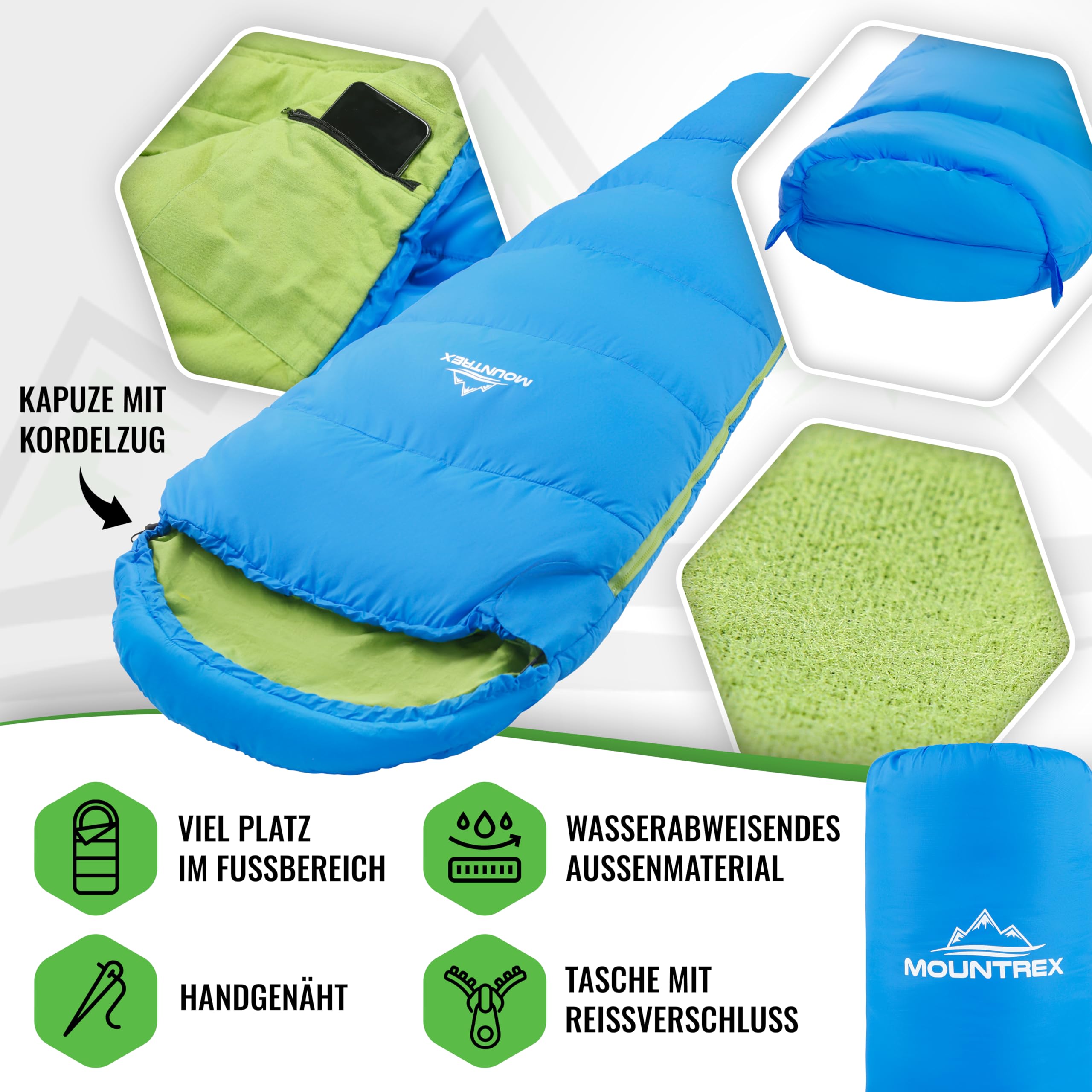MOUNTREX Slaapzak voor Kinderen - Kinderslaapzak Draagbaar als een Rugzak - (175 x 70